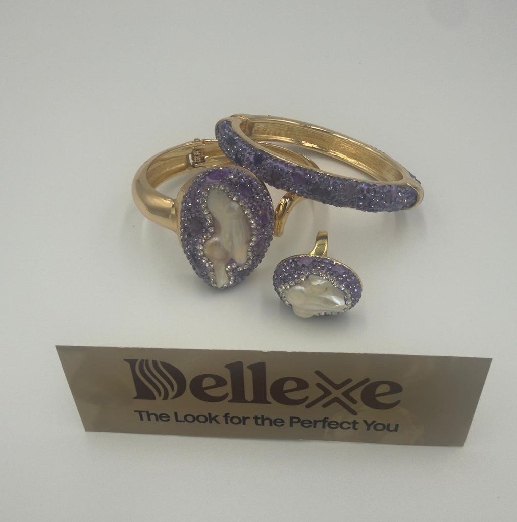 Amethyst, Baroque and Pearl Bangle and Matching Ring set