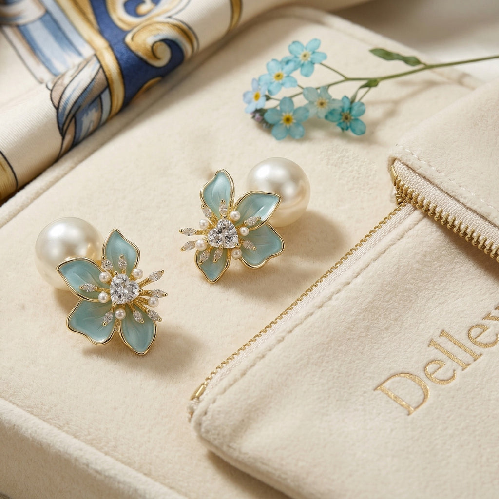 Gold and Blue Floral Earrings with Pearl Drops