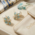 Gold and Blue Floral Earrings with Pearl Drops