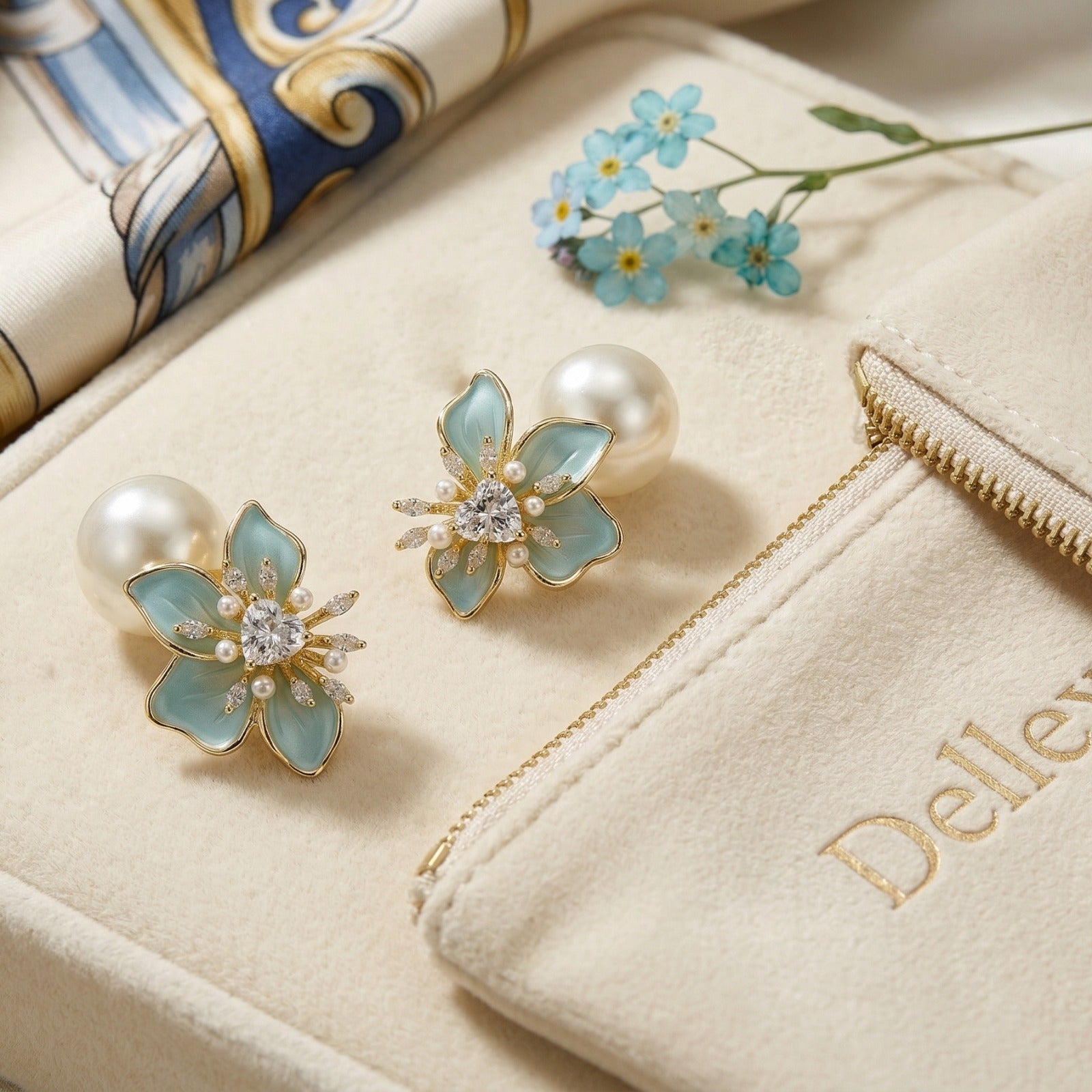Gold and Blue Floral Earrings with Pearl Drops