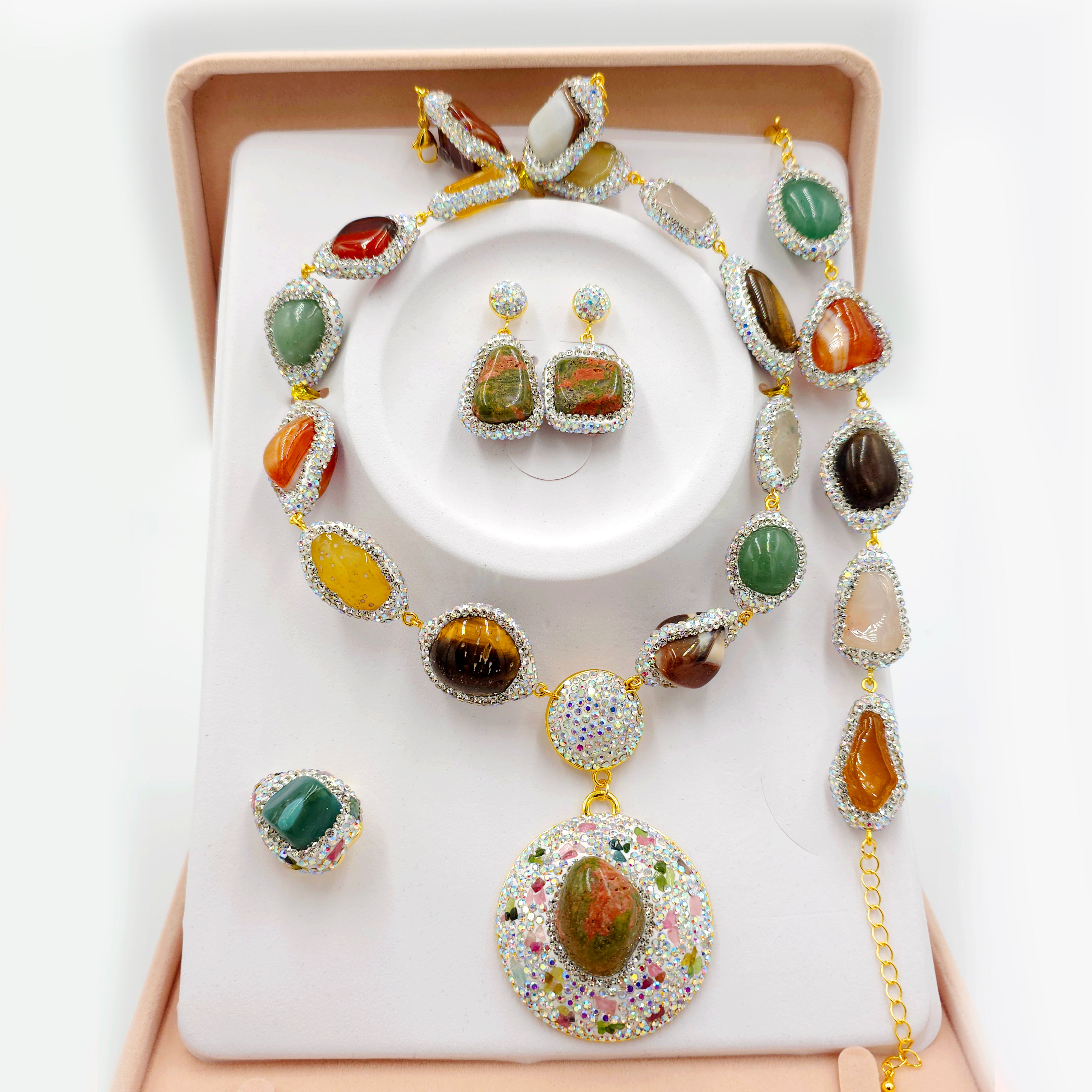 Statement Crystal and Multicoloured Gemstones Jewellery Set