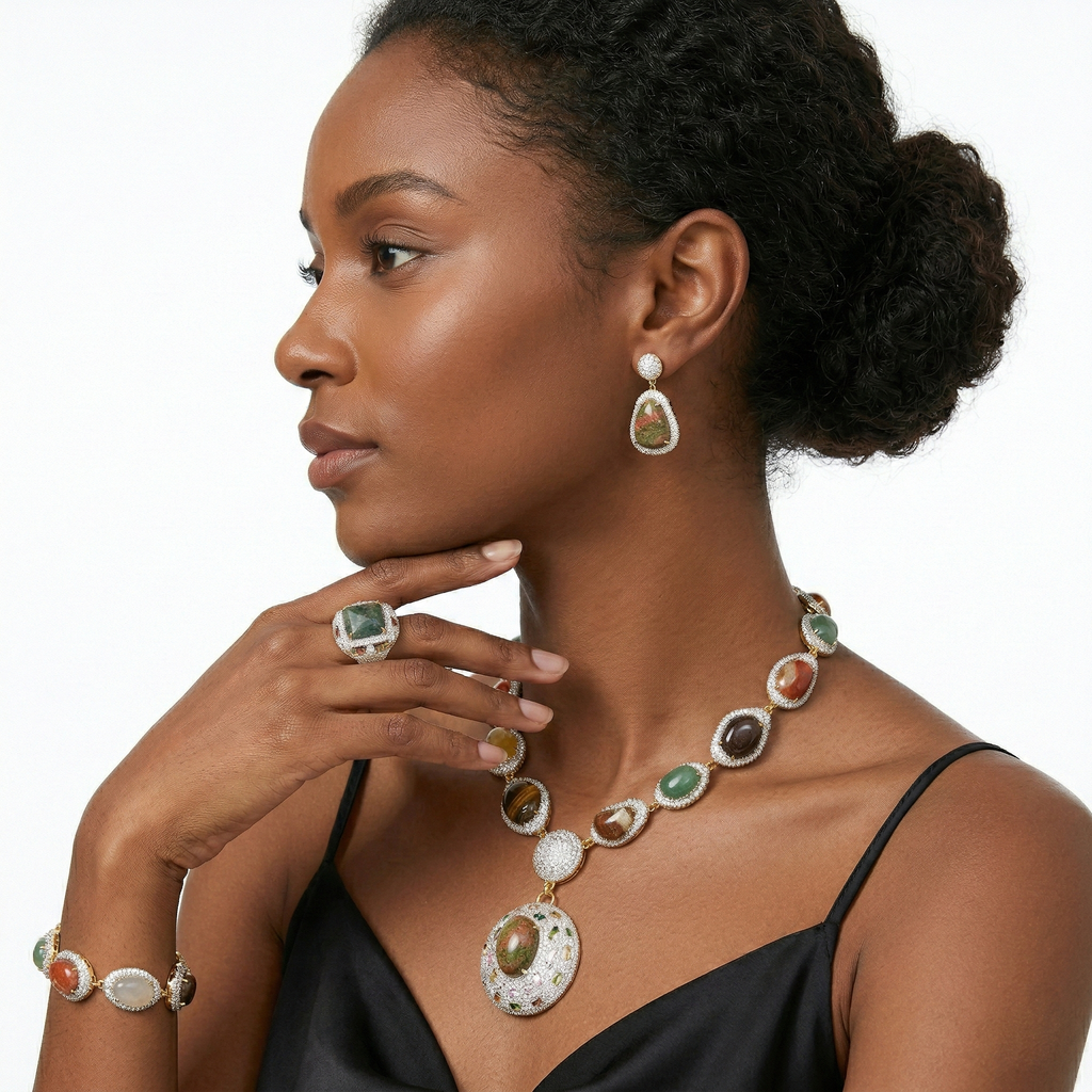 Statement Crystal and Multicoloured Gemstones Jewellery Set