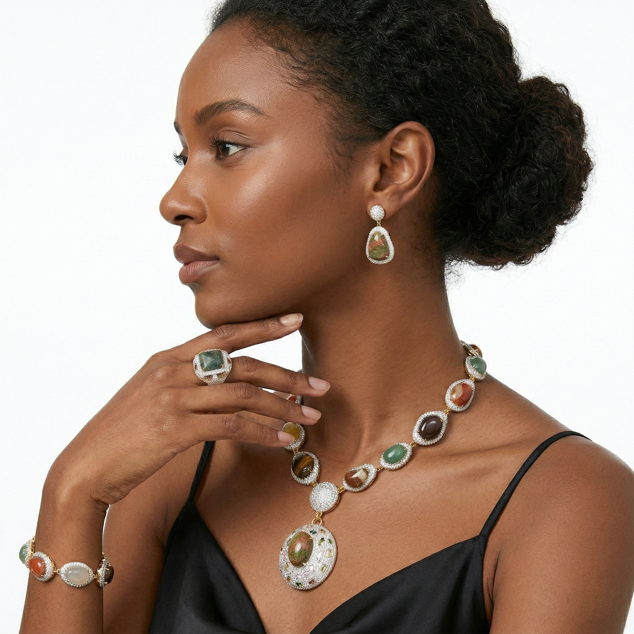 Statement Crystal and Multicoloured Gemstones Jewellery Set