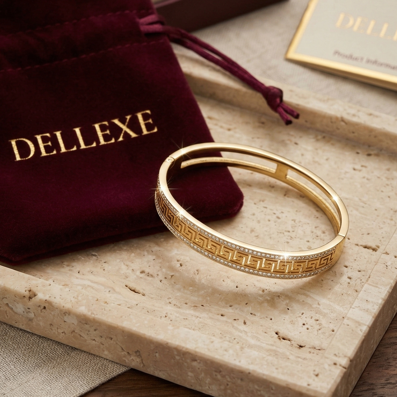 Greek Key Gold Hinge Bangle with Jewelled Inlay