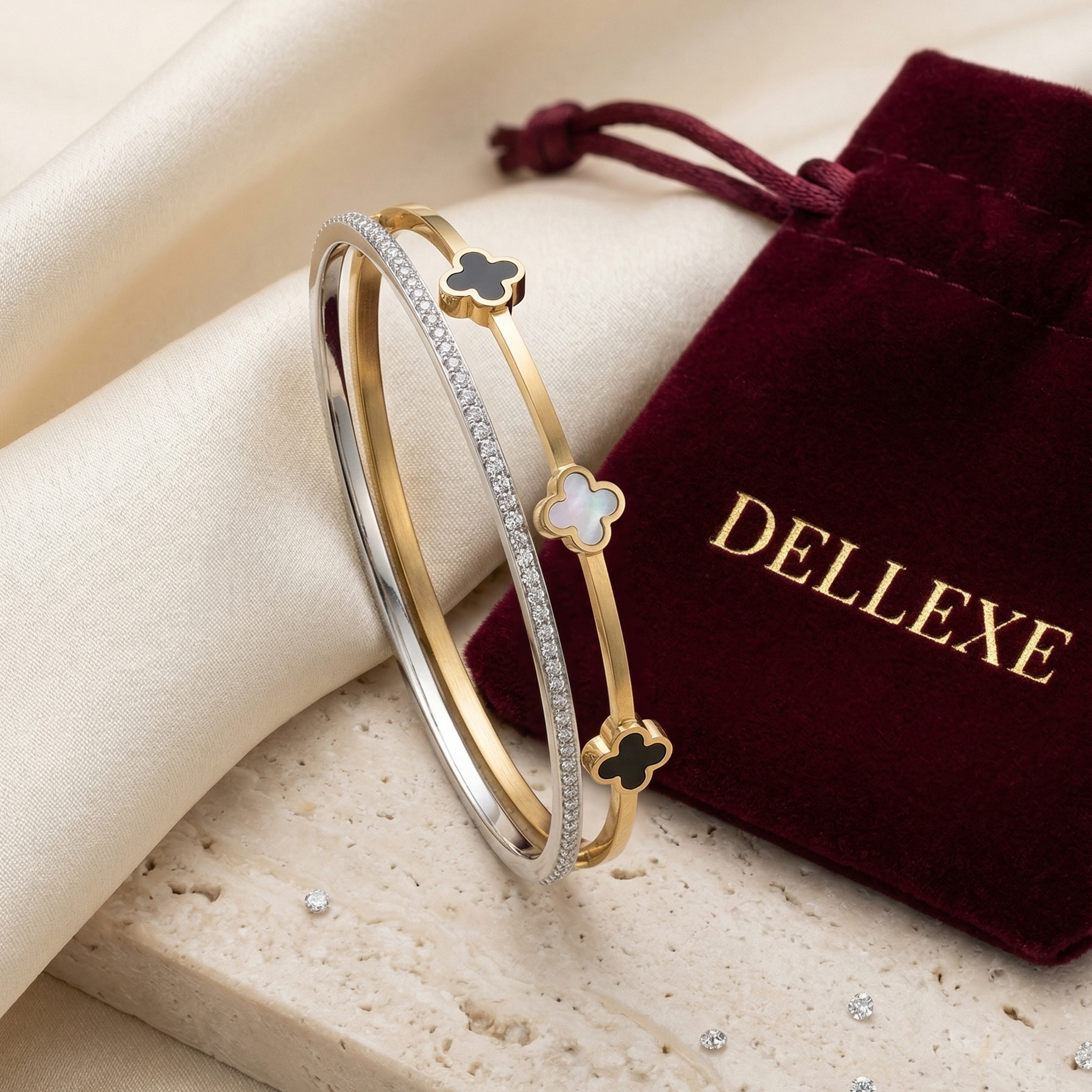 Clover and Silver Rhinestone Gold Bangle
