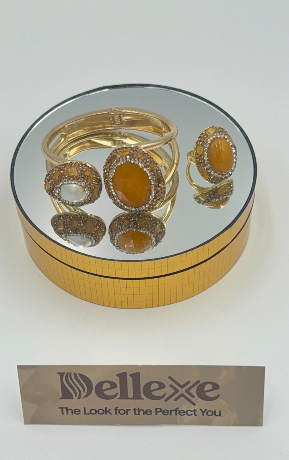 Gold-plated Amber-coloured gemstones cuff bracelet with matching ring