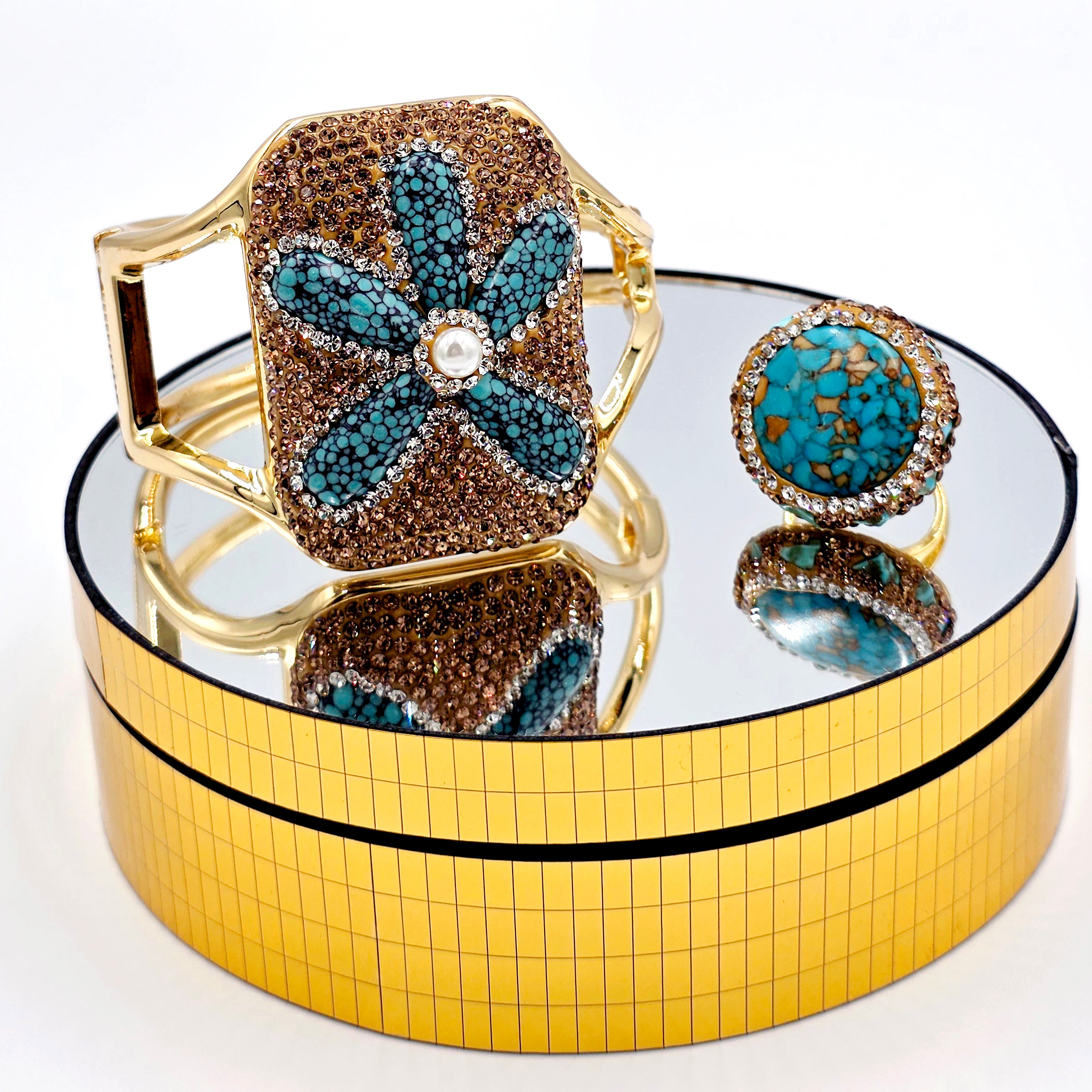 Gold, Turquoise and Blue Jewelled Bangle and Ring Set