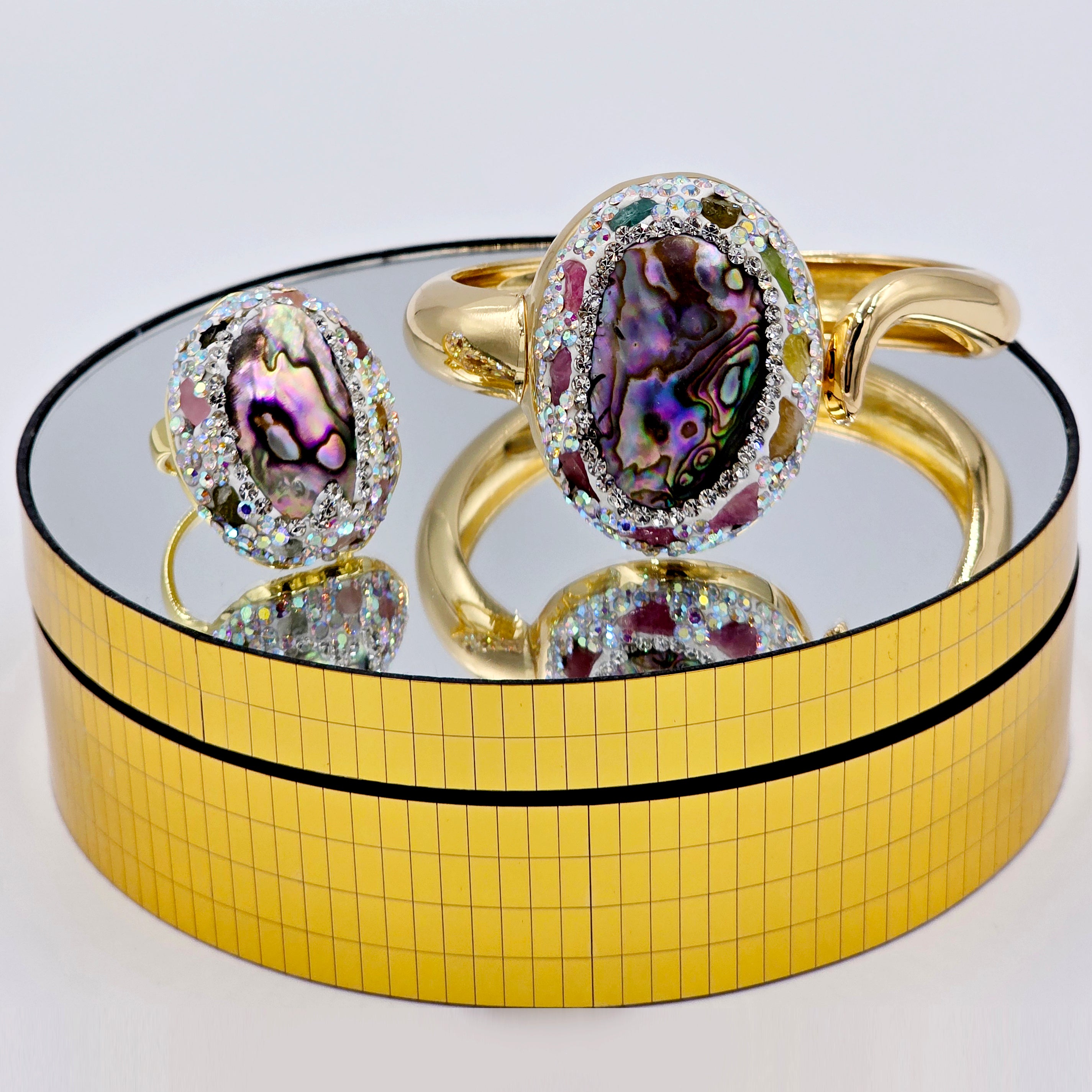 Gold and Purple Abalone Cuff Bangle and Ring Set