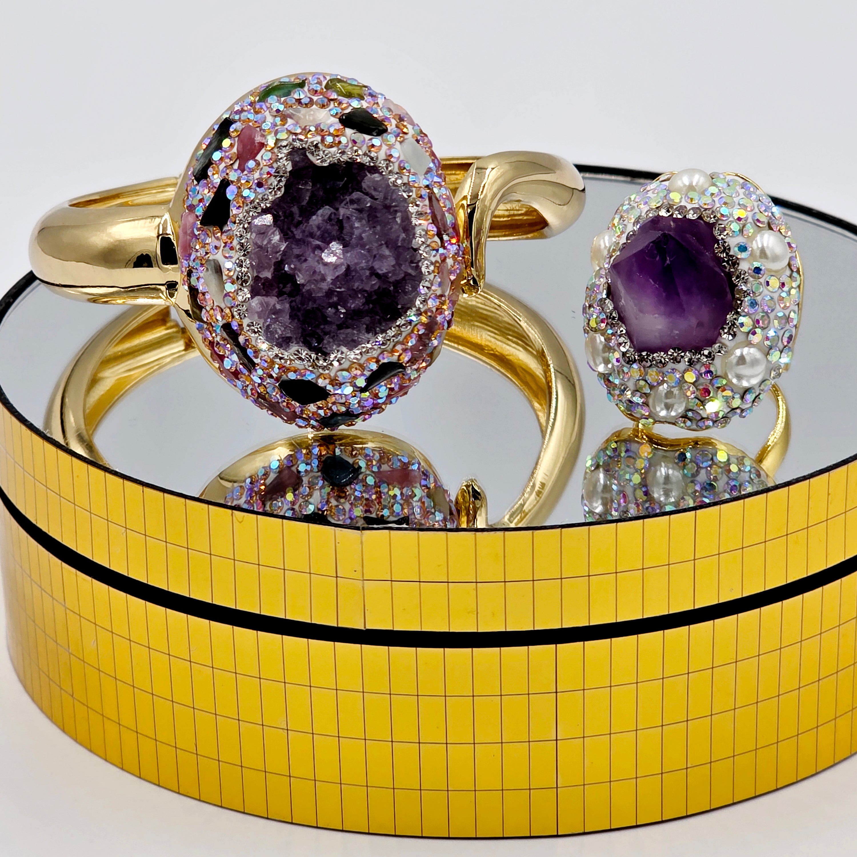 Amethyst, Pearl and Crystal Styled Bangle and Ring Set
