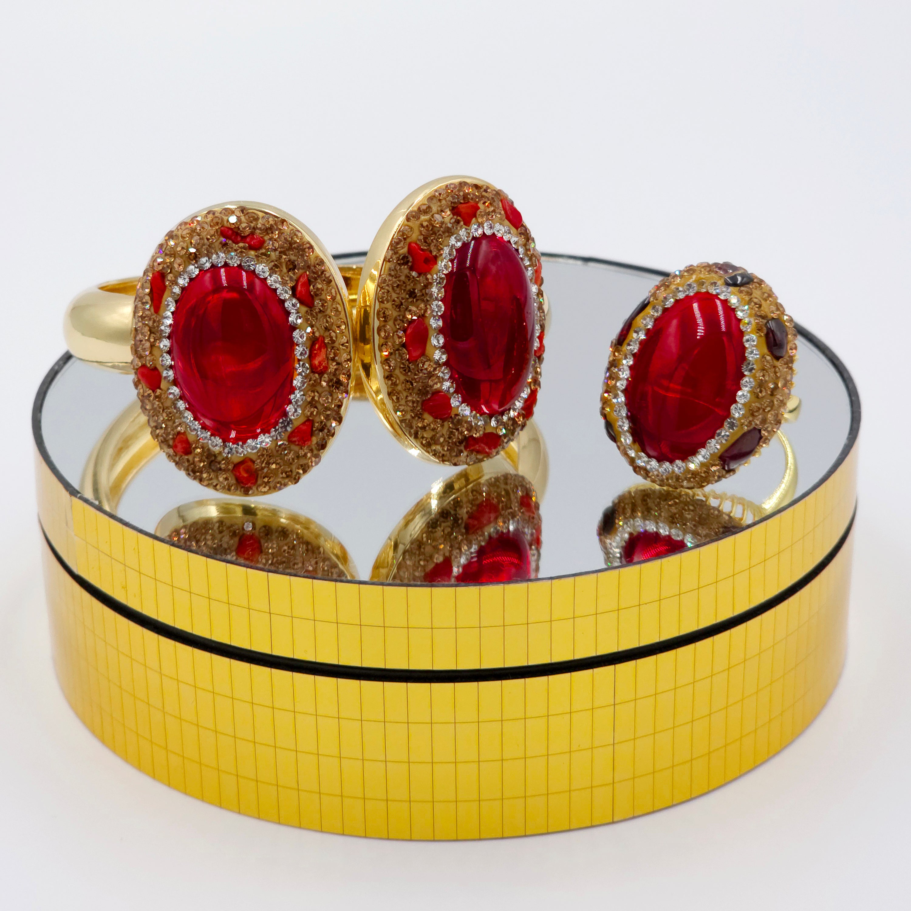 Red Centralised Jewell with Golden Embellishment Bangle and Ring Set