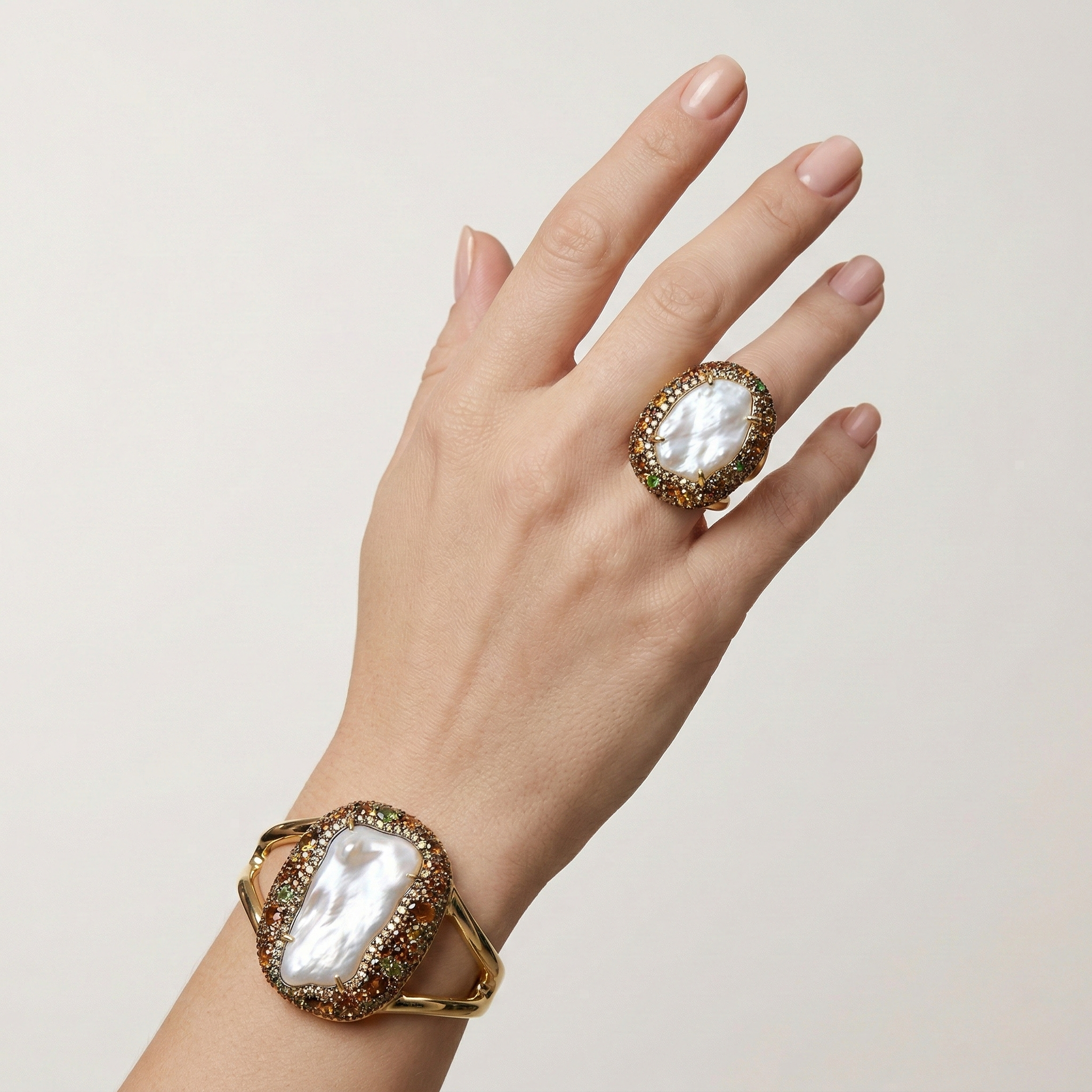 Gold Bangle and Ring set with Baroque Pearls and Crystals