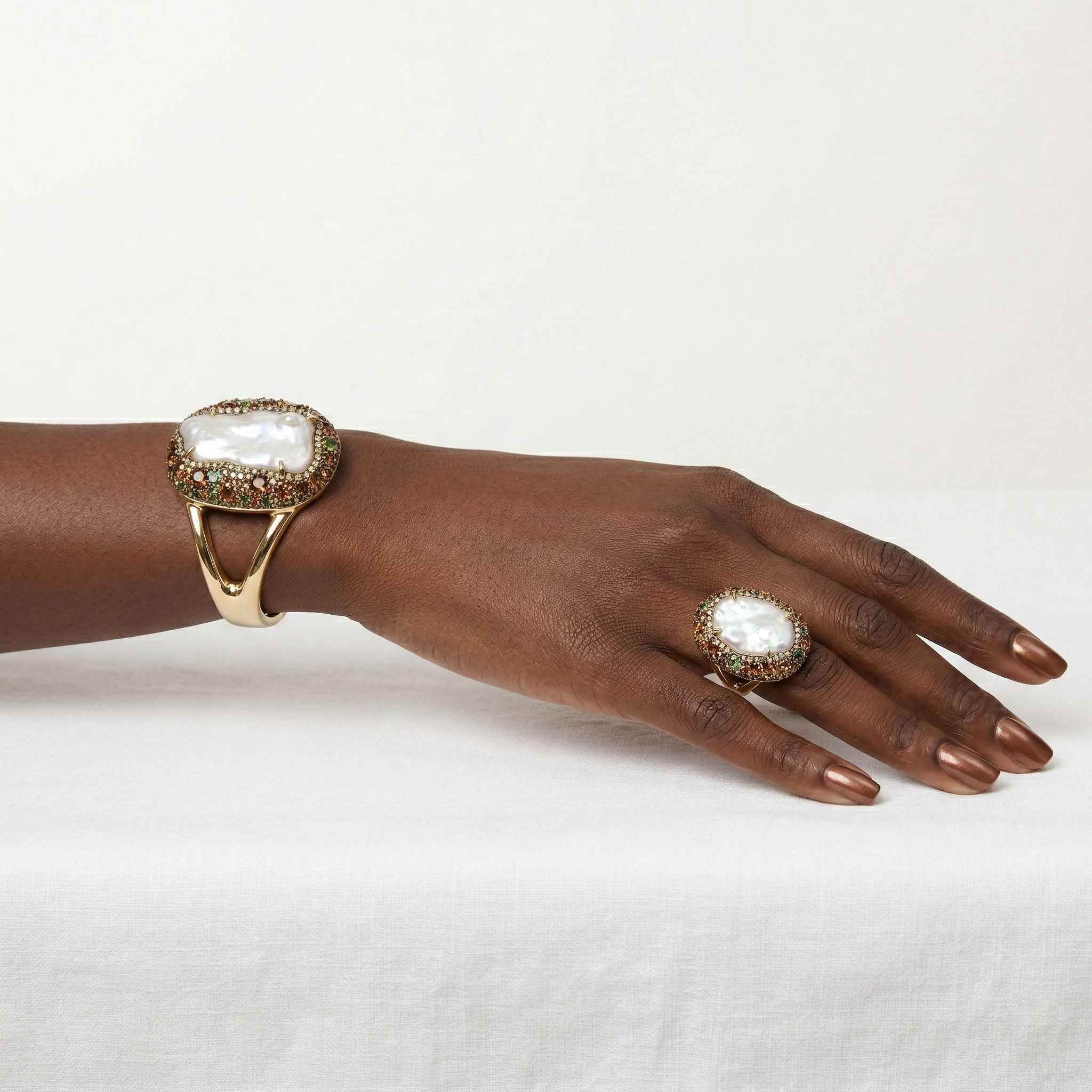 Gold Bangle and Ring set with Baroque Pearls and Crystals
