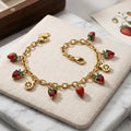 Gold Red Heart and Strawberries Charm Bracelet