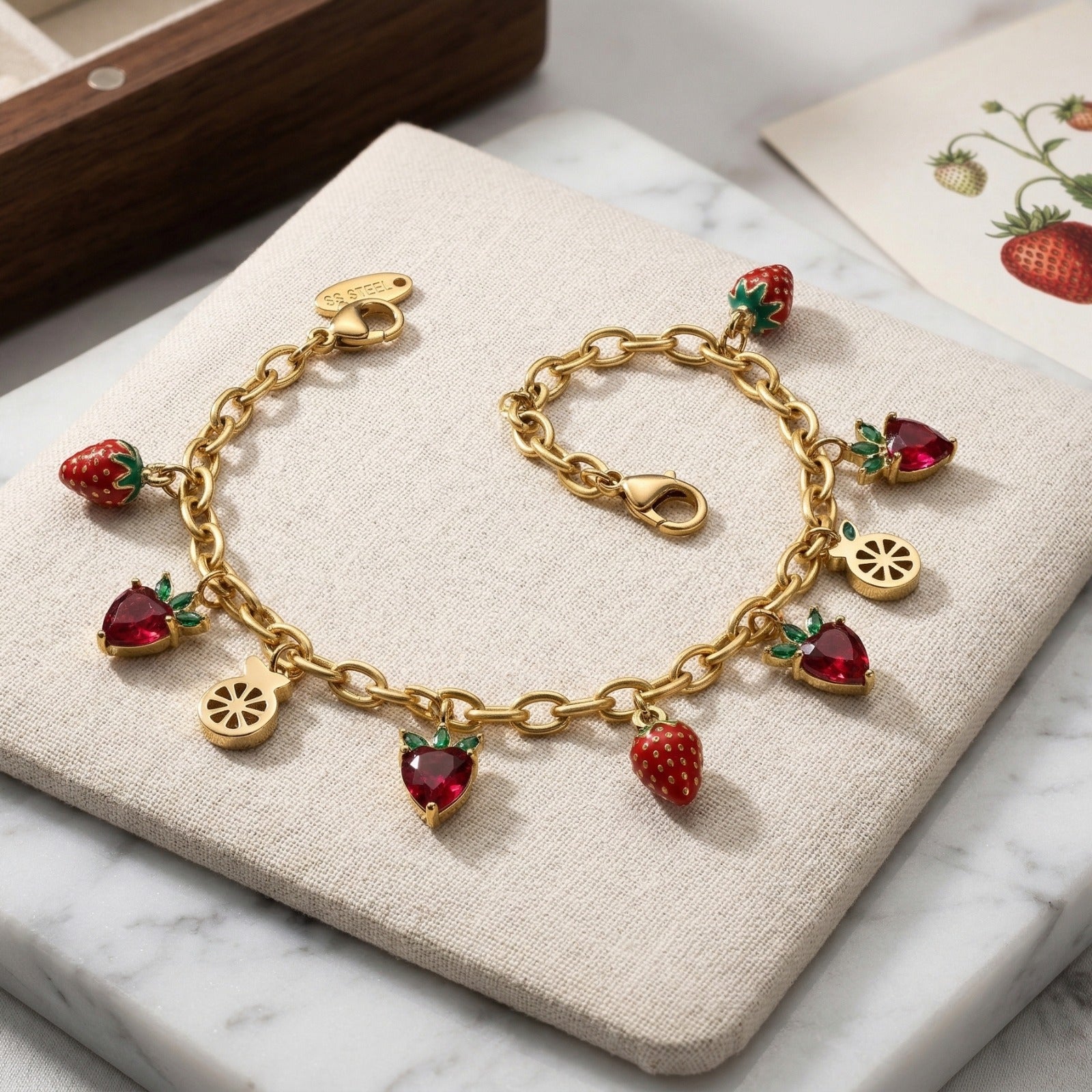 Gold Red Heart and Strawberries Charm Bracelet