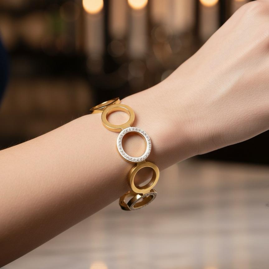 Gold and Silver Circular Bangle with Jewelled Inlays