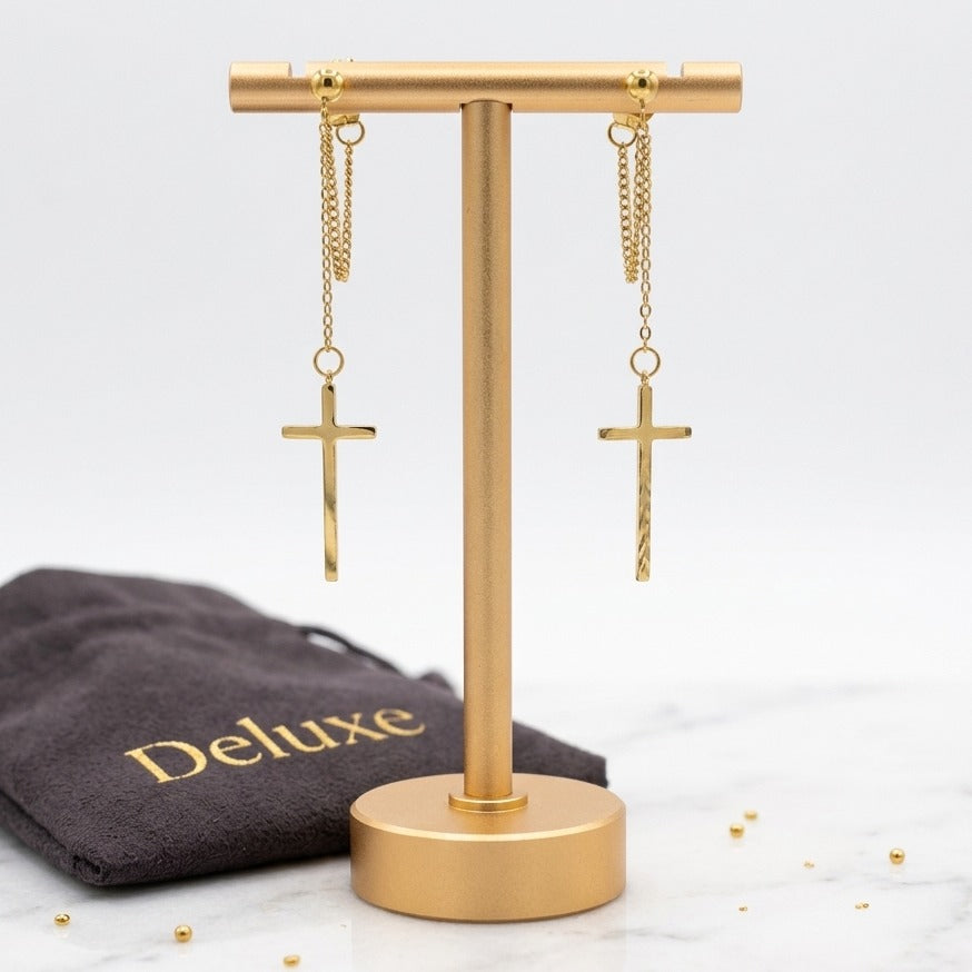 Gold Drop Cross Earrings
