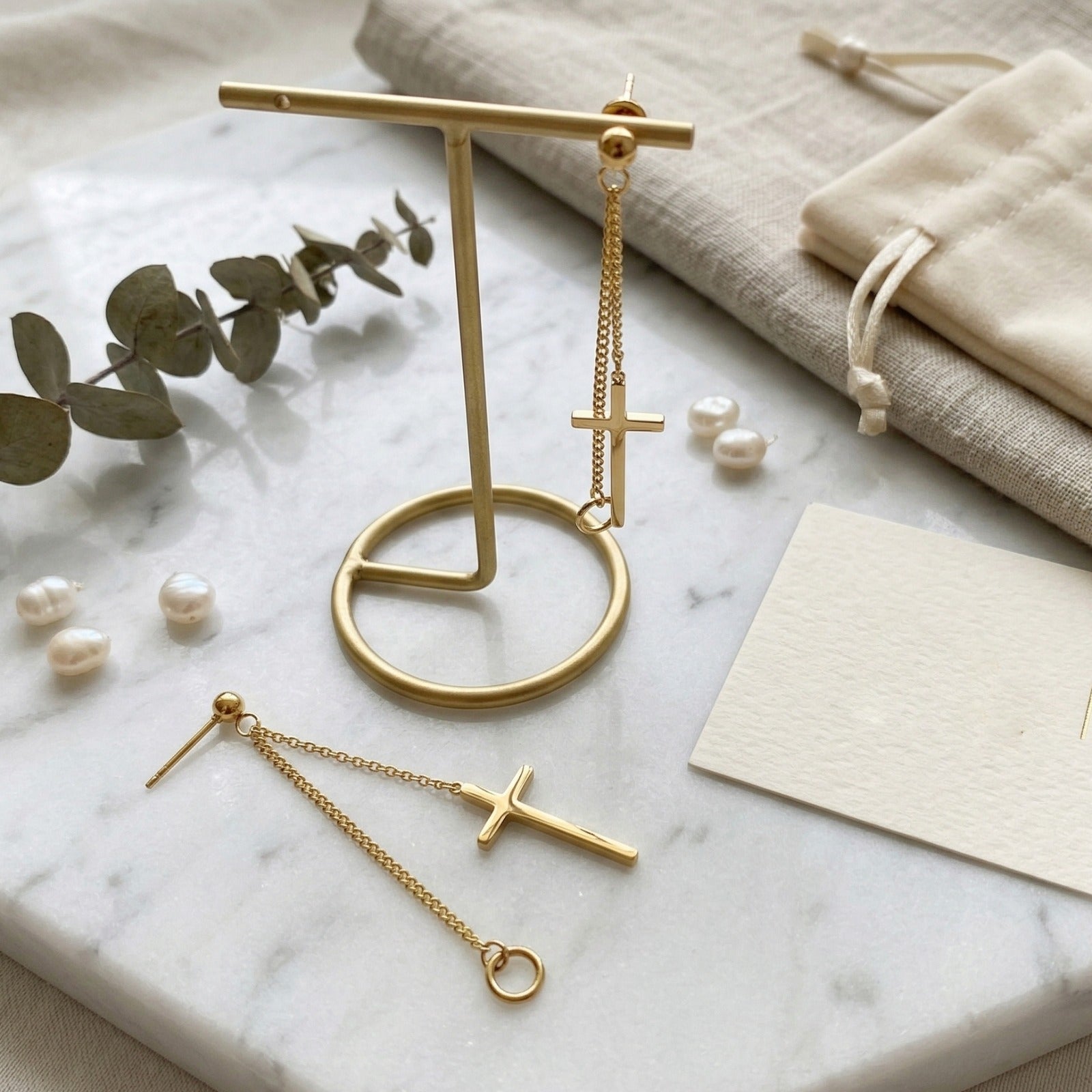 Gold Drop Cross Earrings
