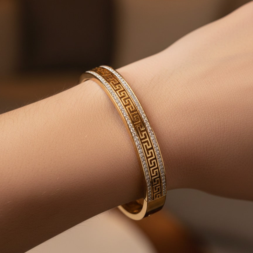 Greek Key Gold Hinge Bangle with Jewelled Inlay