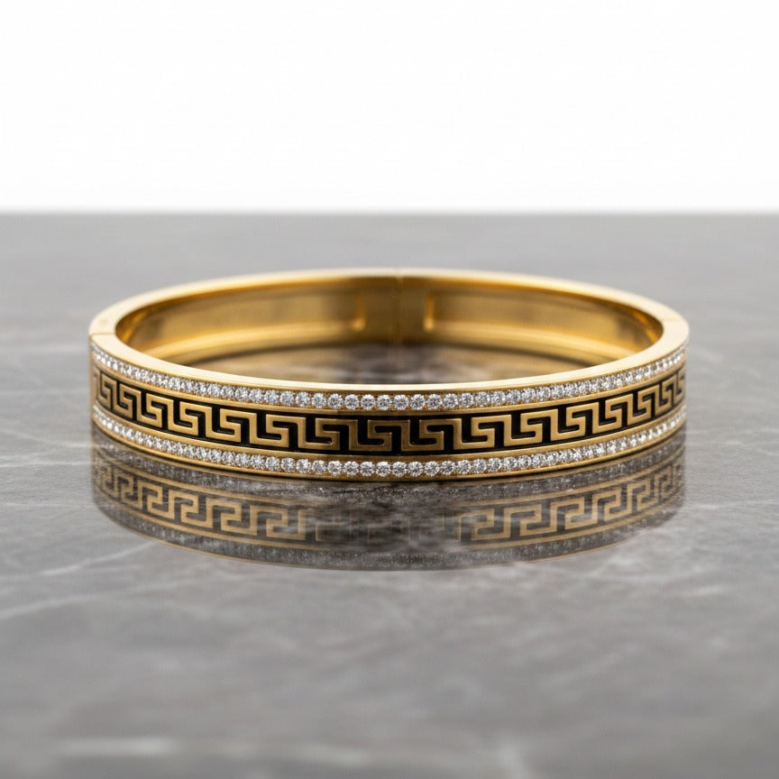 Greek Key Gold Hinge Bangle with Jewelled Inlay