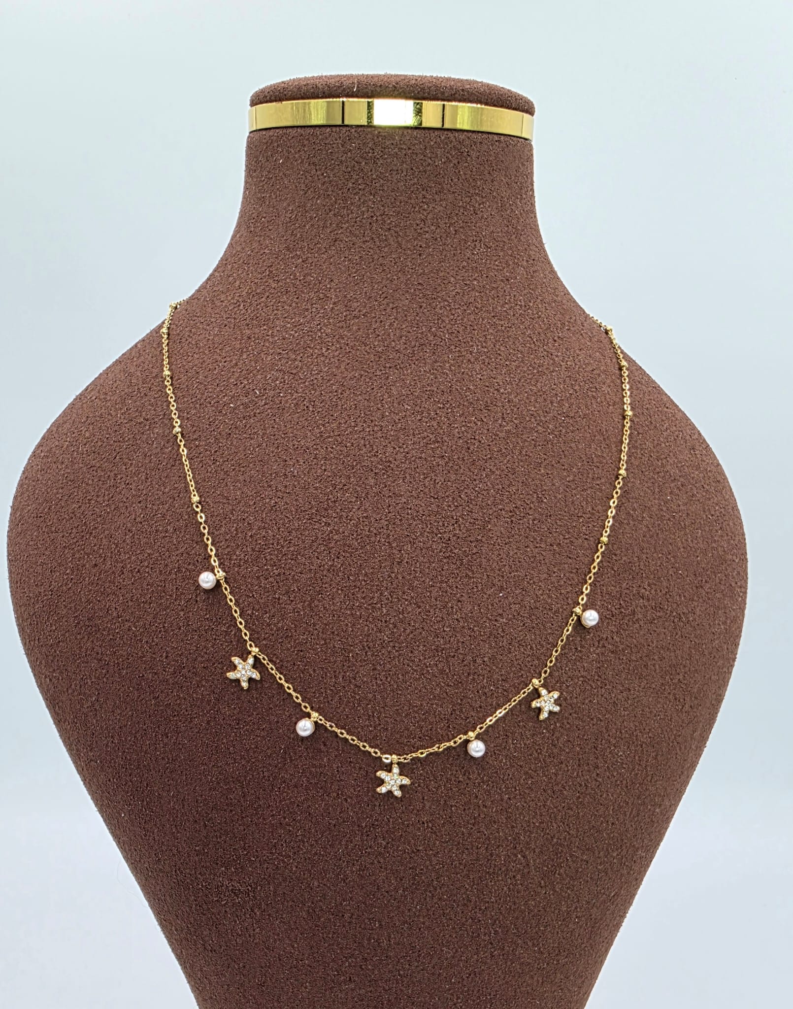 Gold Star Crystals and Pearl Charm Necklace
