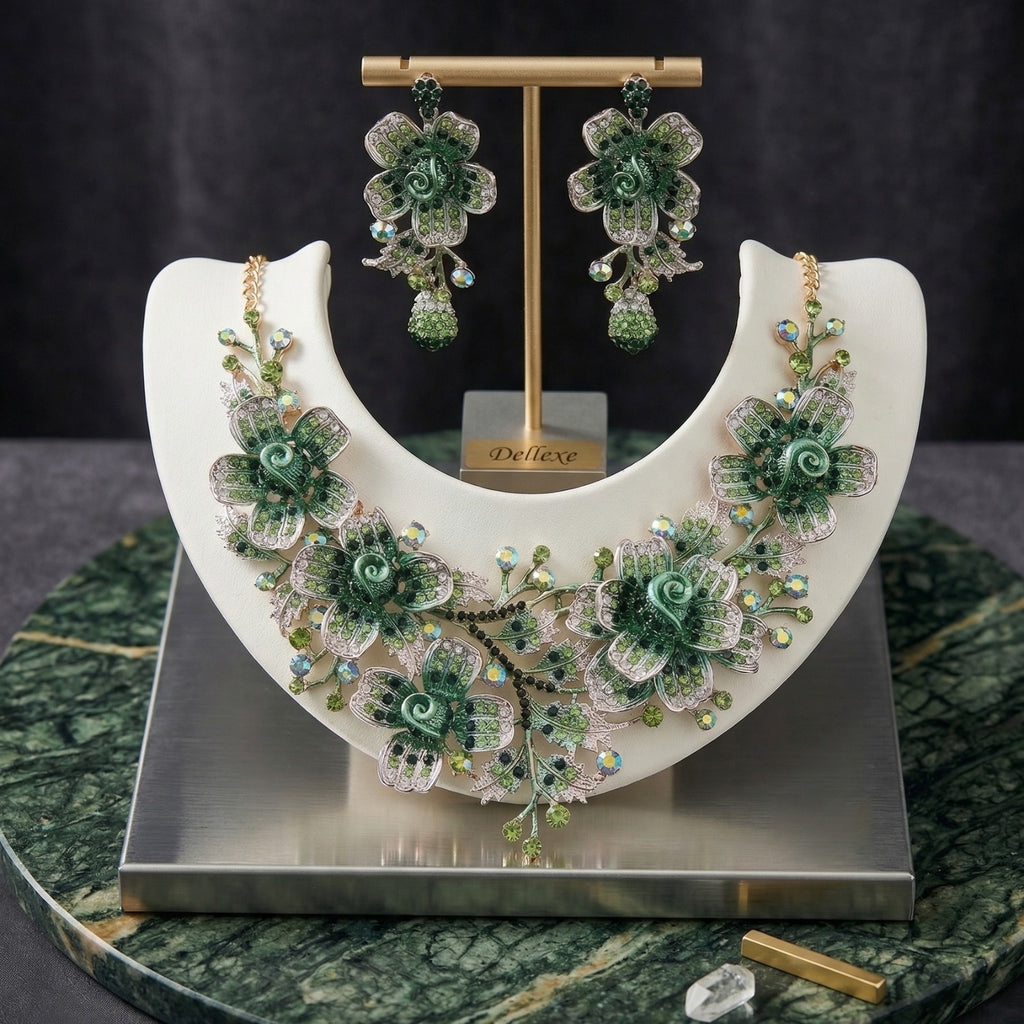 Green Rhinestone Floral Statement Jewellery Set