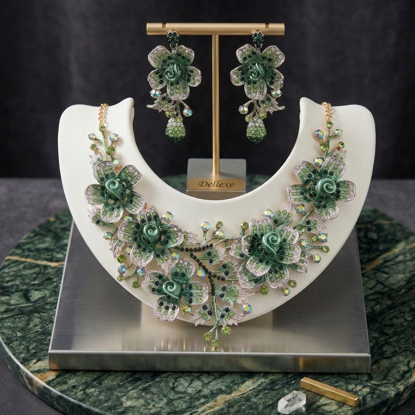 Green Rhinestone Floral Statement Jewellery Set