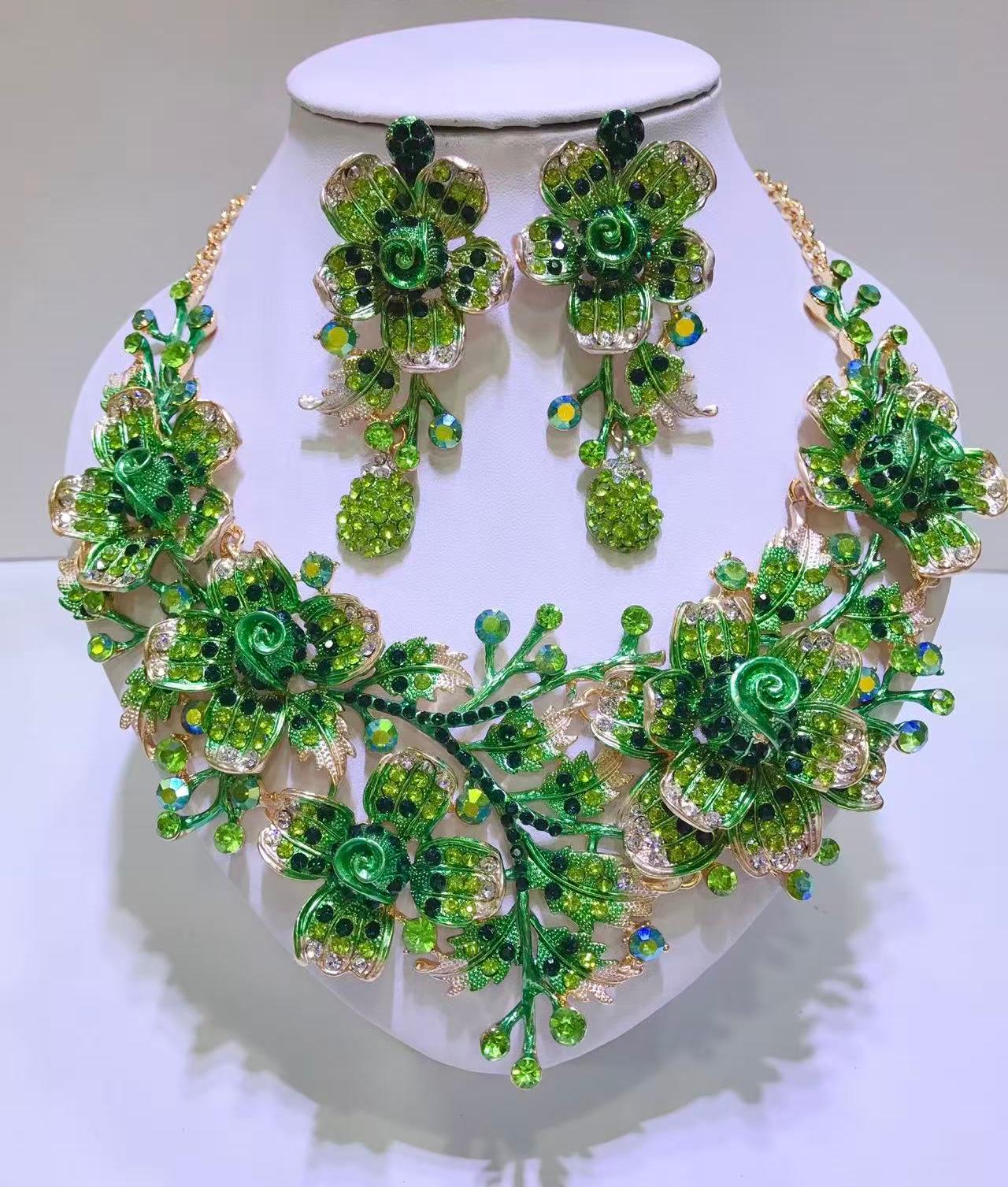 Green Rhinestone Floral Statement Jewellery Set