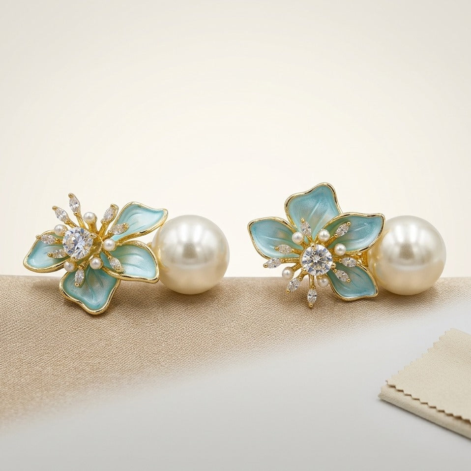 Gold and Blue Floral Earrings with Pearl Drops