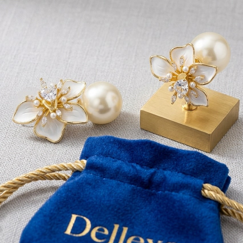 Gold Floral Earrings with Pearl Drops