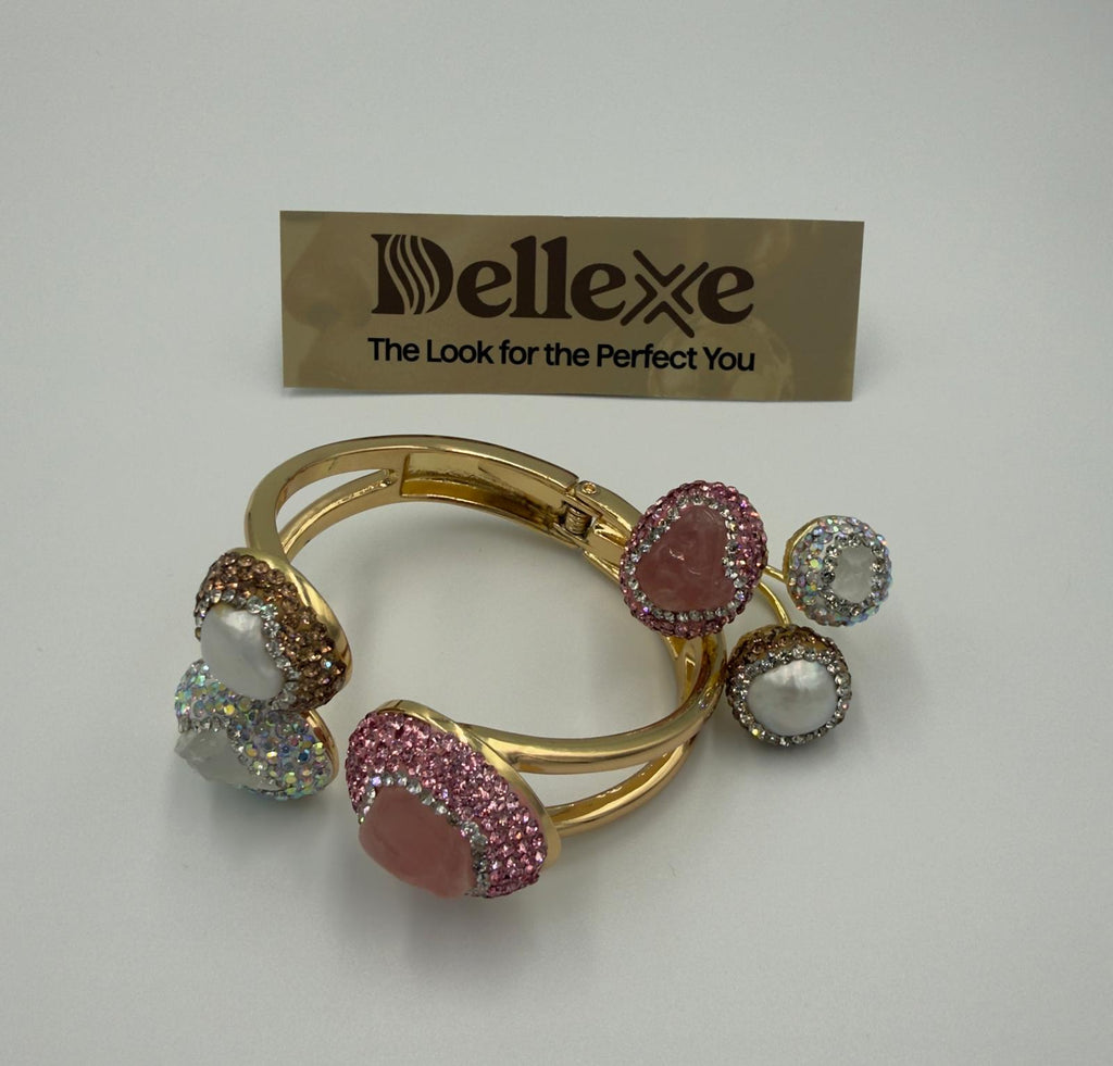Statement 3-stone Pink, Brown and Iridescent rhinestone and pearl bangle with matching ring