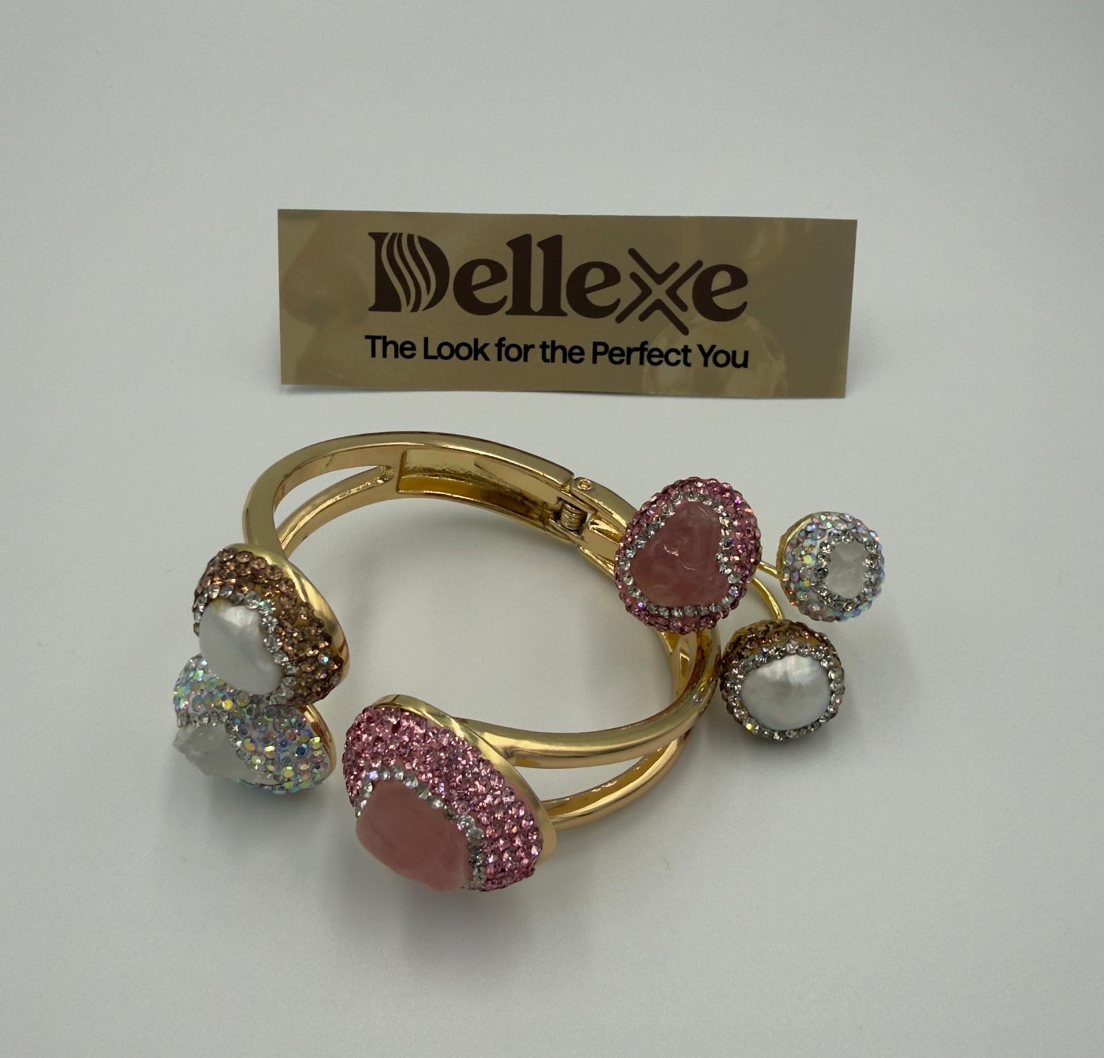 Statement 3-stone Pink, Brown and Iridescent rhinestone and pearl bangle with matching ring
