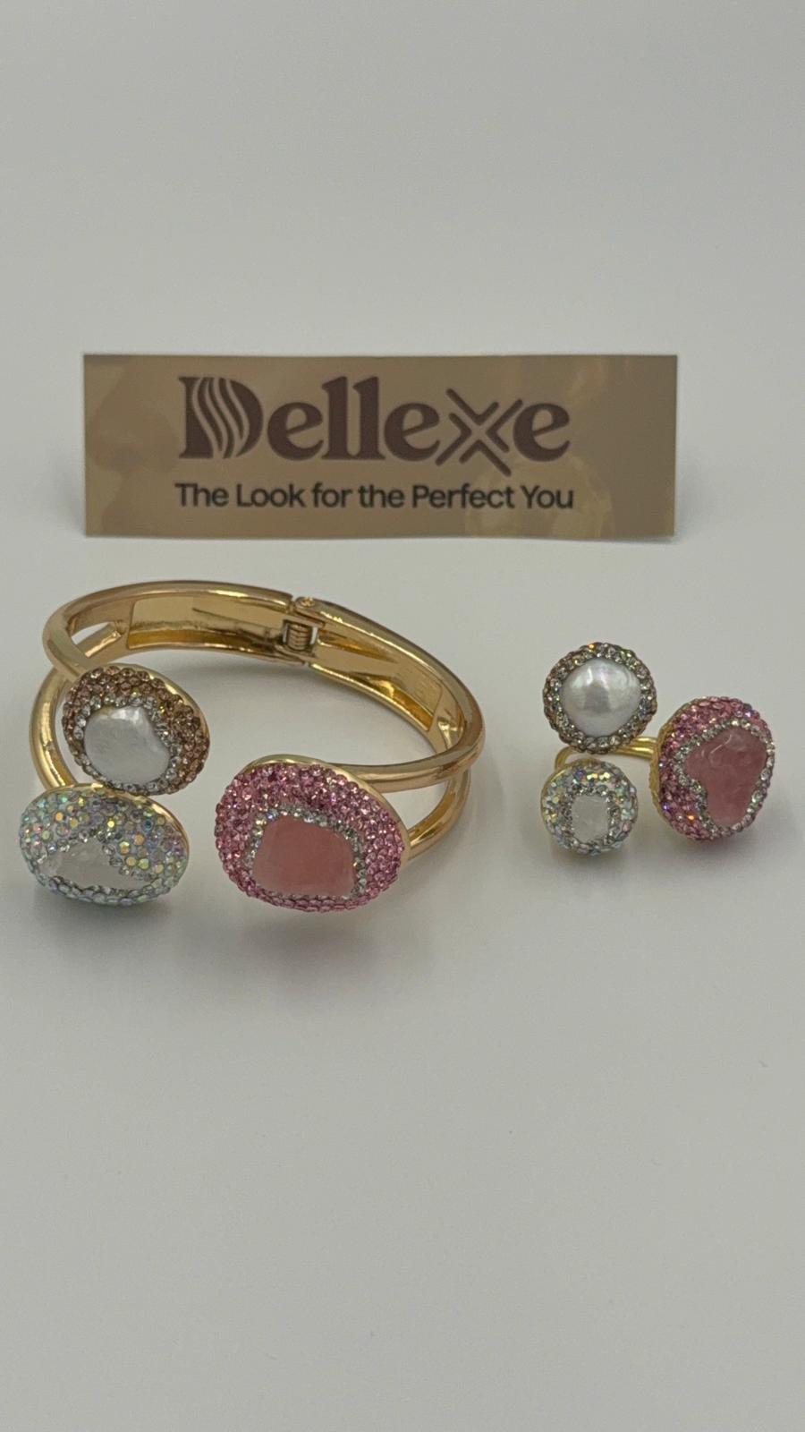 Statement 3-stone Pink, Brown and Iridescent rhinestone and pearl bangle with matching ring