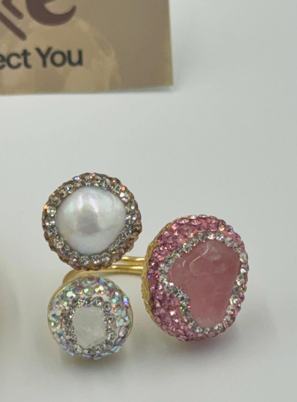 Statement 3-stone Pink, Brown and Iridescent rhinestone and pearl bangle with matching ring