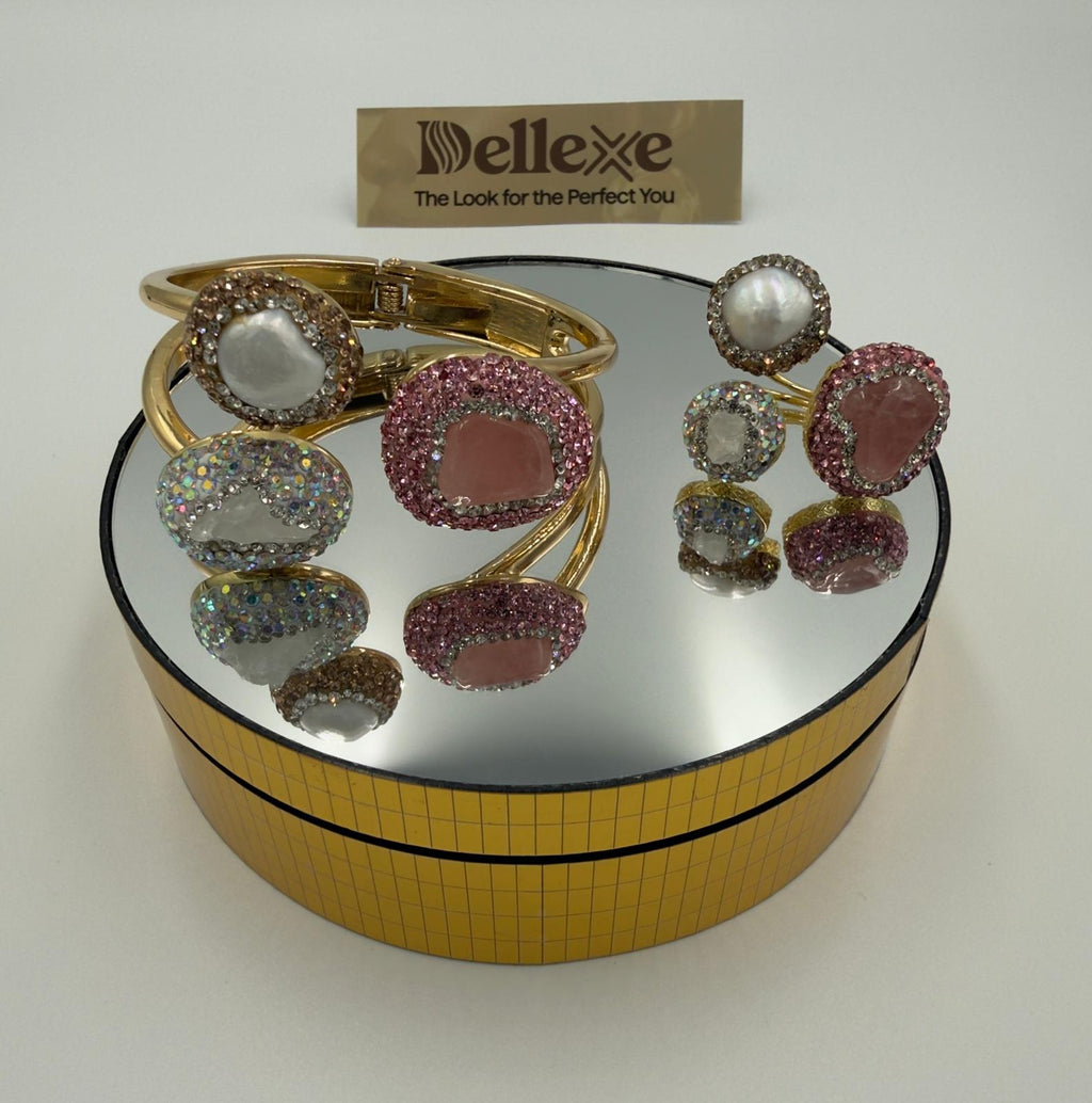 Statement 3-stone Pink, Brown and Iridescent rhinestone and pearl bangle with matching ring