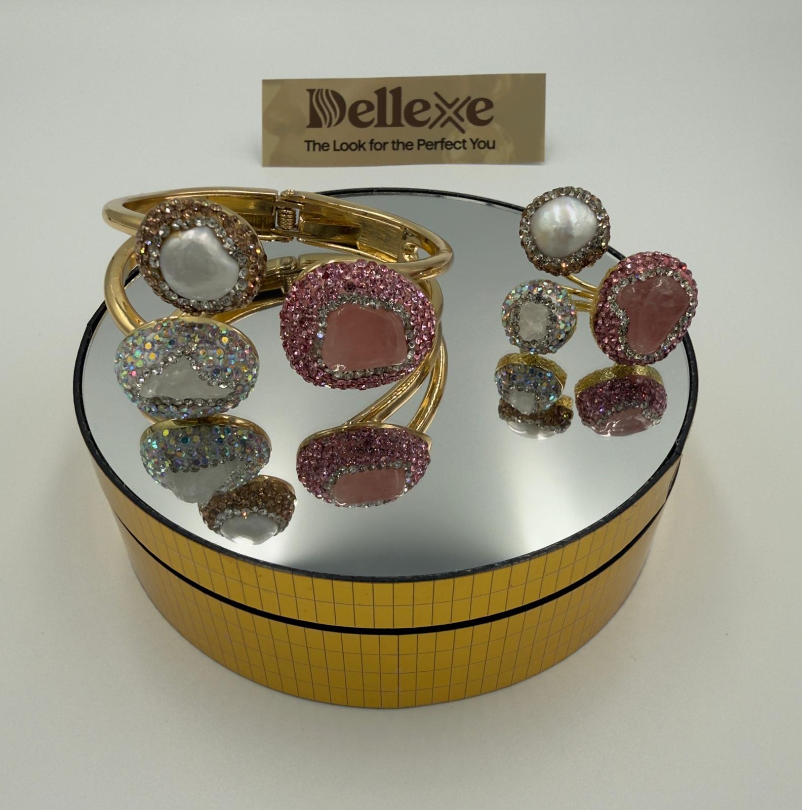 Statement 3-stone Pink, Brown and Iridescent rhinestone and pearl bangle with matching ring