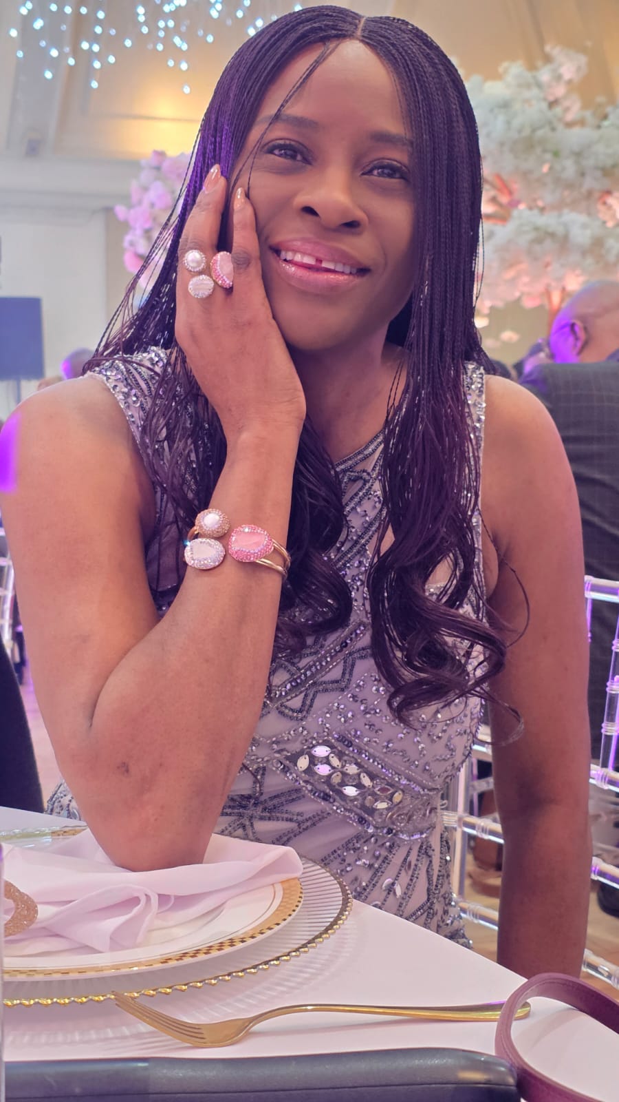 Statement 3-stone Pink, Brown and Iridescent rhinestone and pearl bangle with matching ring