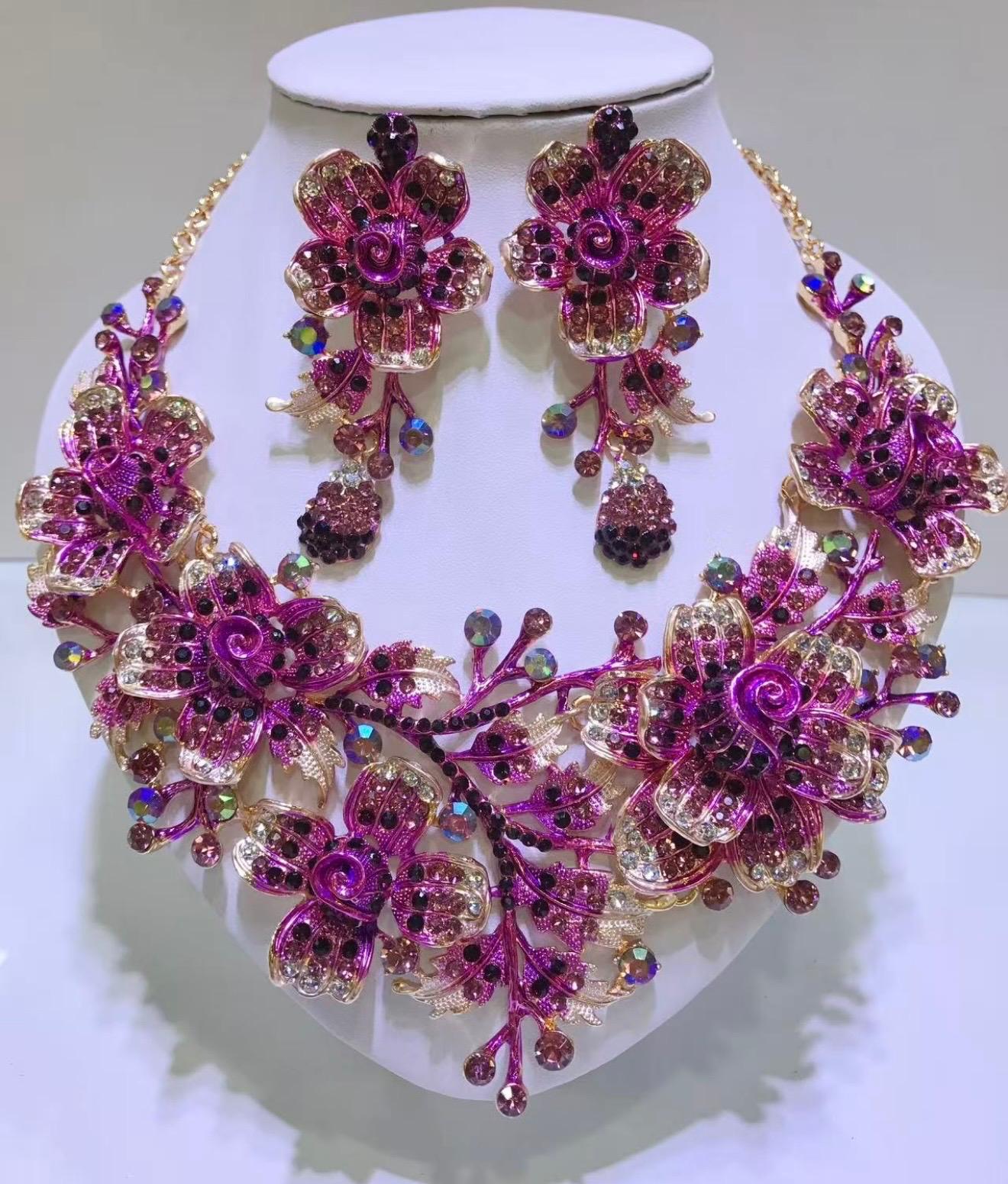 Purple Rhinestone Floral Statement Jewellery Set
