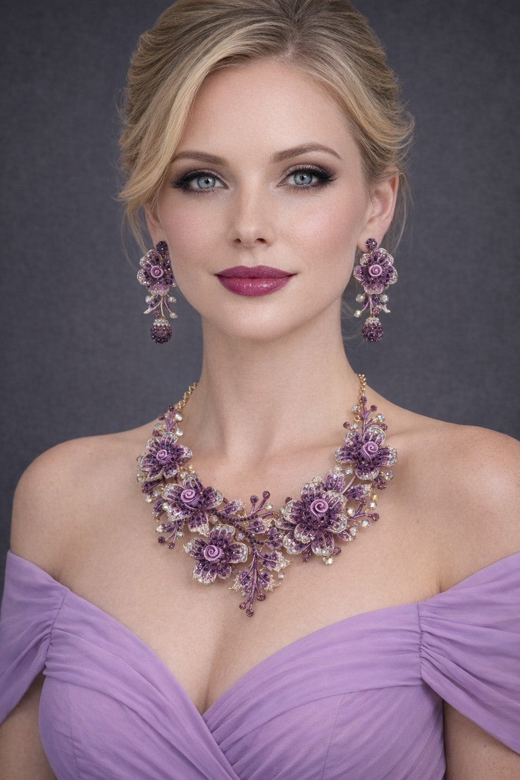 Purple Rhinestone Floral Statement Jewellery Set