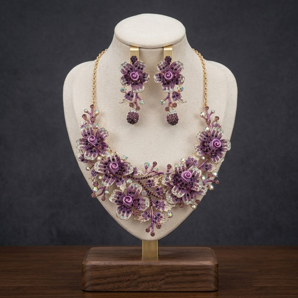 Purple Rhinestone Floral Statement Jewellery Set