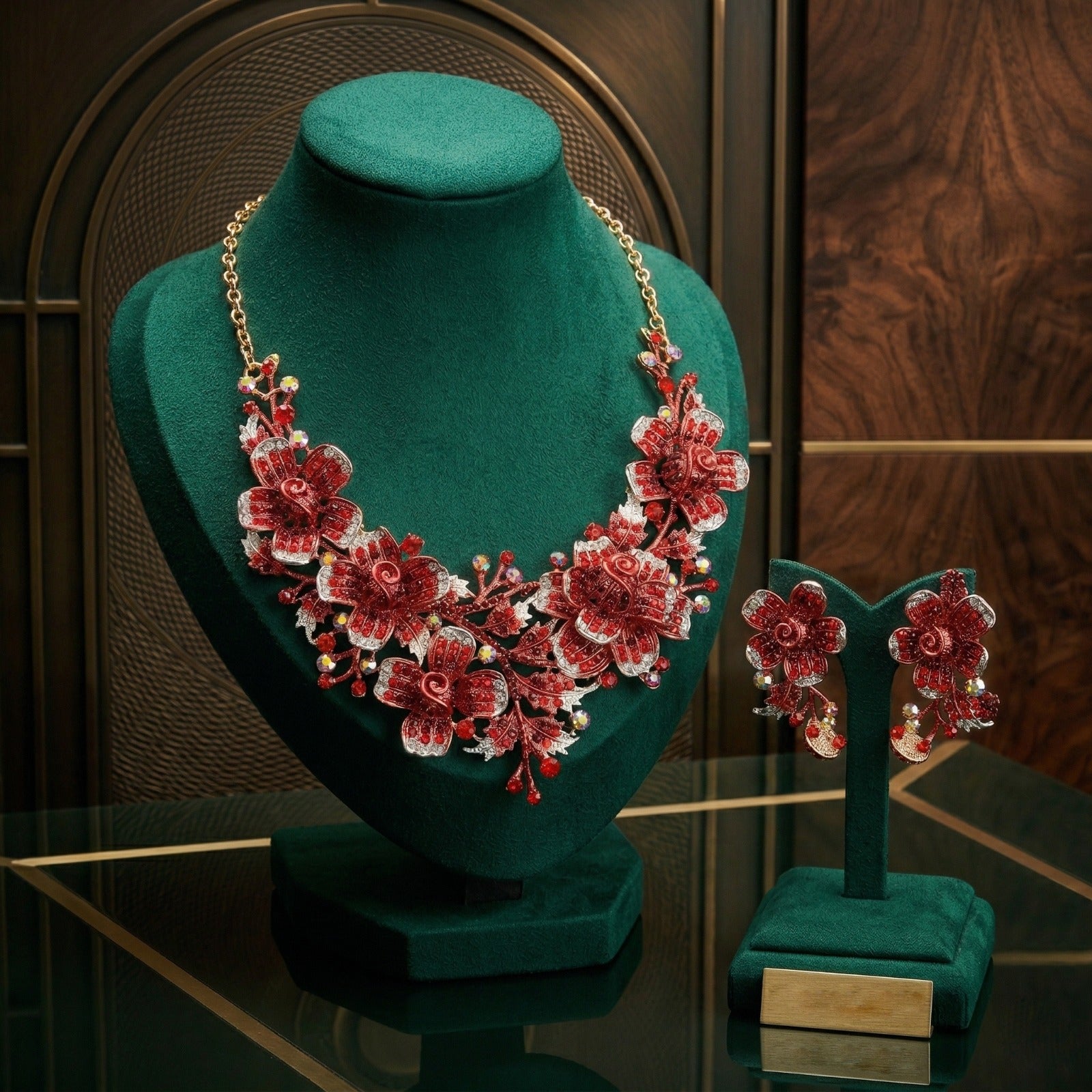 Red Rhinestone Floral Statement Jewellery Set