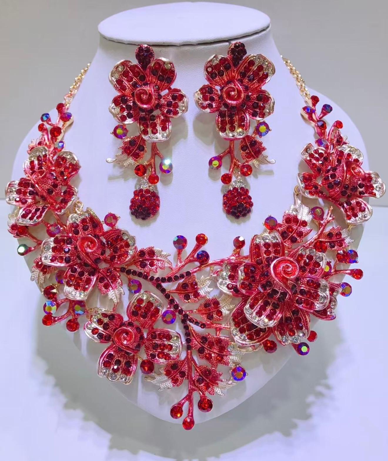 Red Rhinestone Floral Statement Jewellery Set