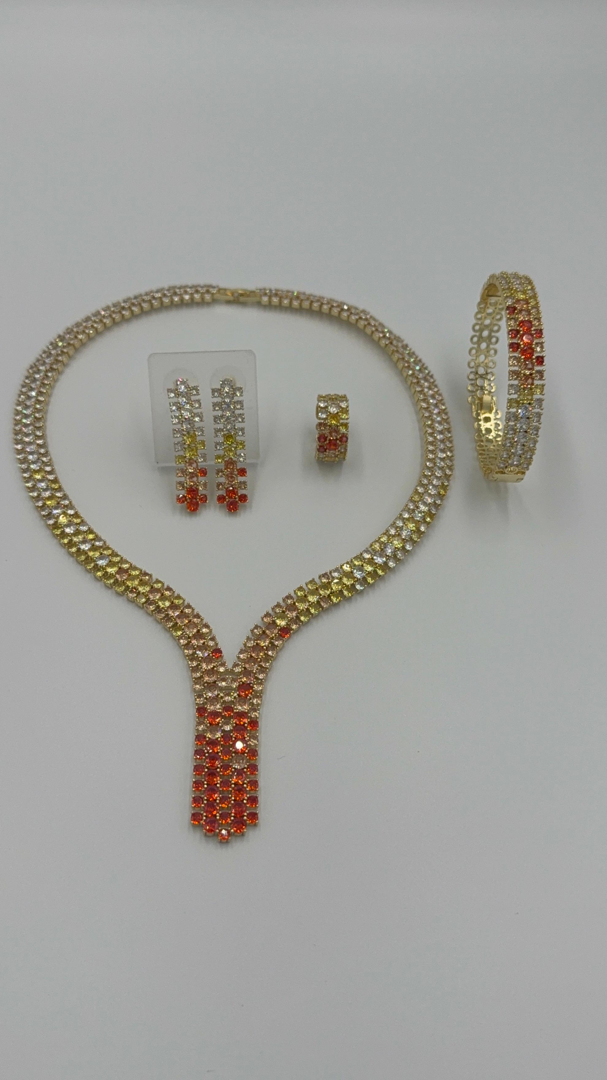 Gold 4 Piece Clear and Orange Rhinestone Jewellery Set