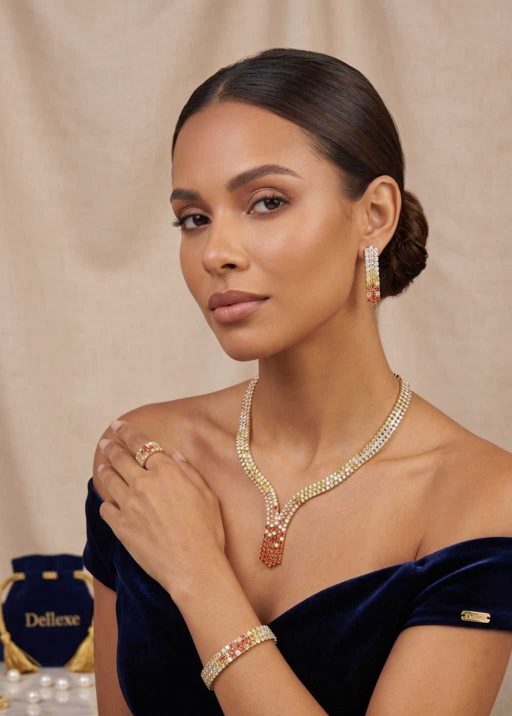 Gold 4 Piece Clear and Orange Rhinestone Jewellery Set