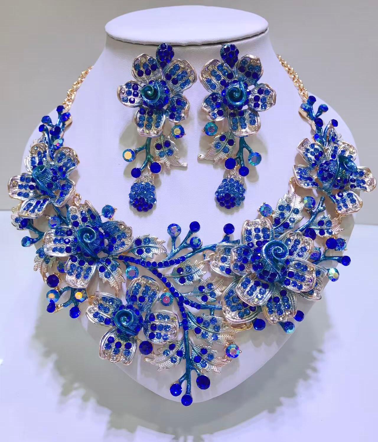 Royal Blue Rhinestone Floral Statement Jewellery Set