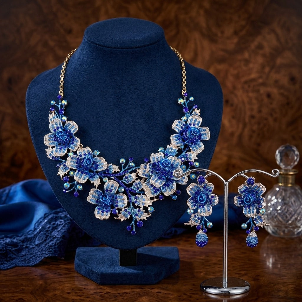 Royal Blue Rhinestone Floral Statement Jewellery Set