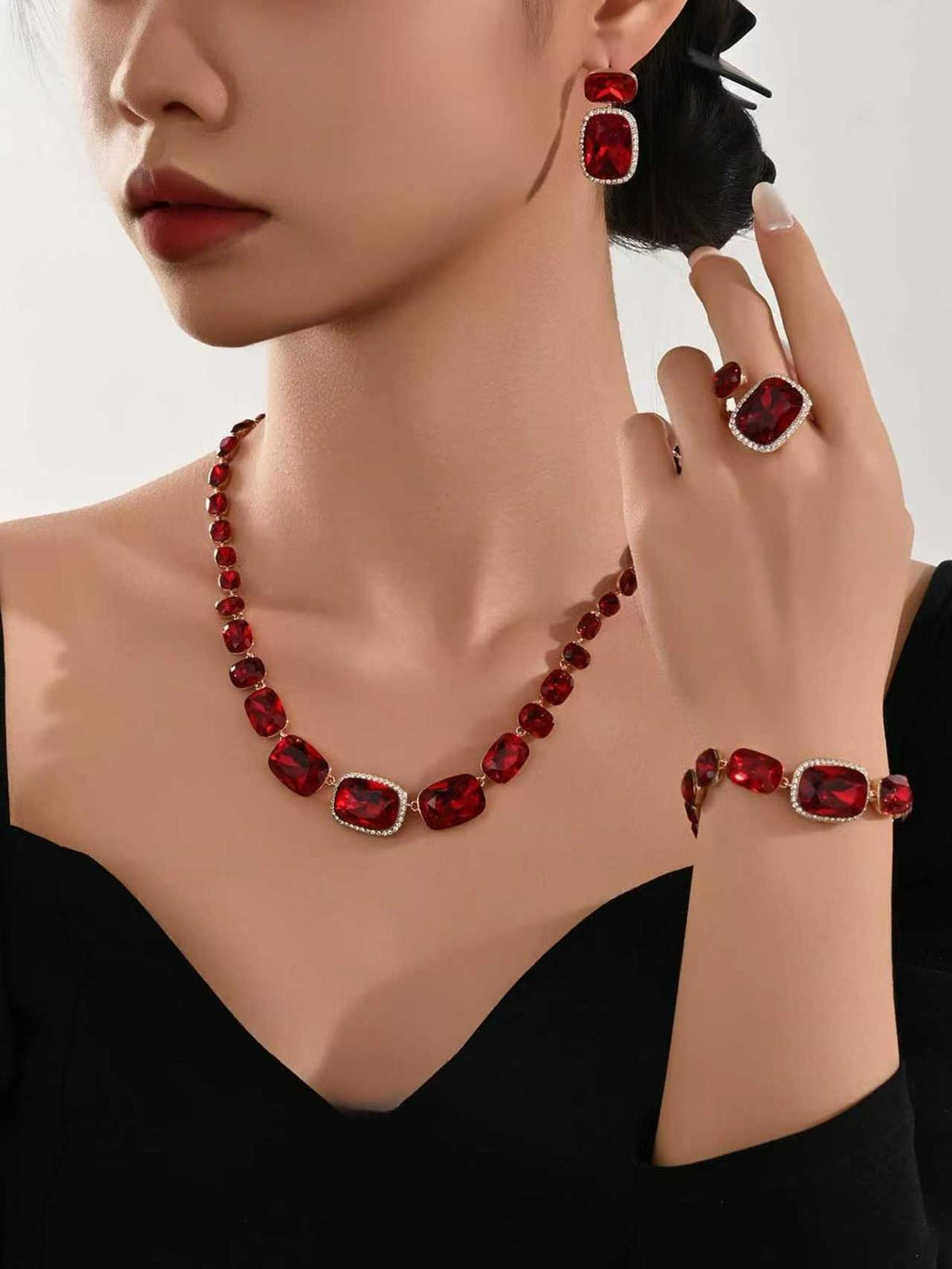 Ruby Rhinestone 4 Piece Jewellery Set