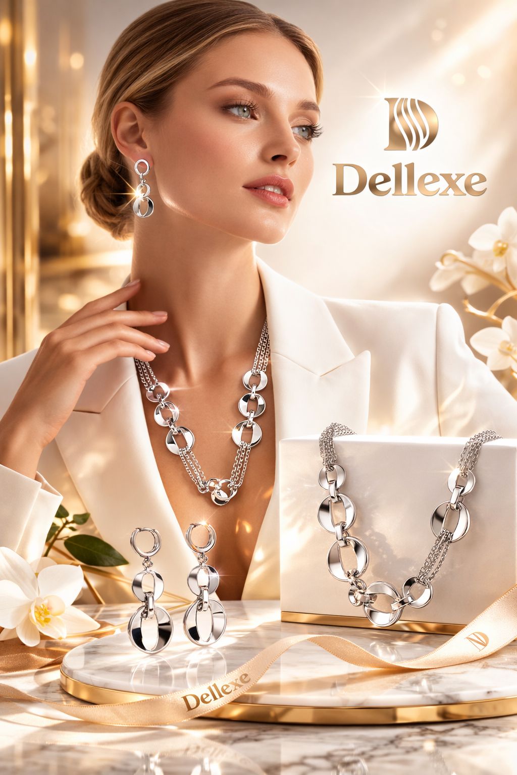Silver Circular Chain Necklace and Earring Set