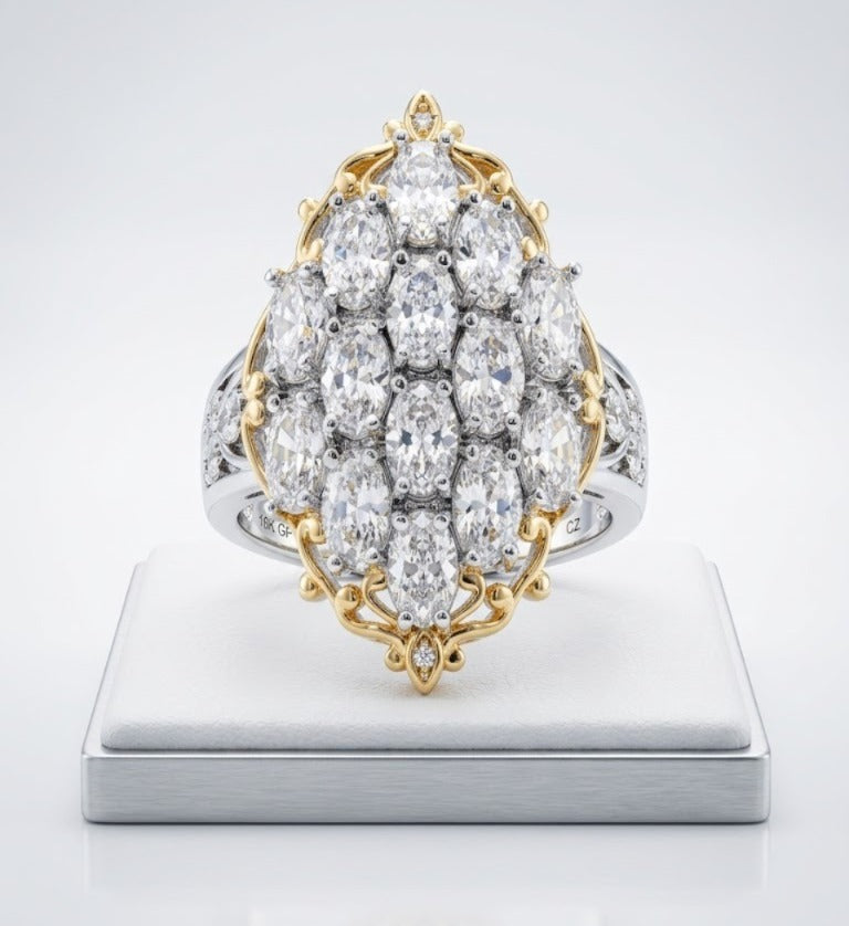 Crystal Statement Silver Ring with Gold Embelishments