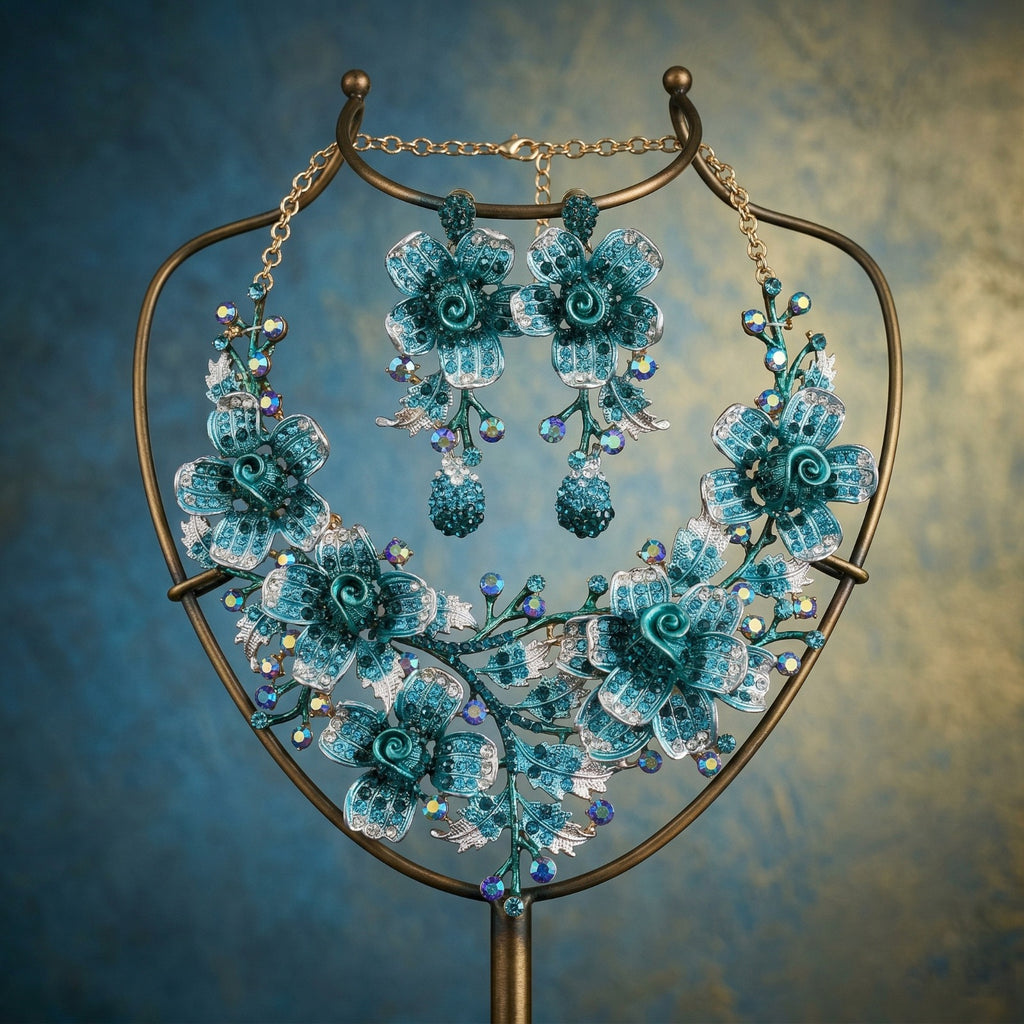 Turquoise Rhinestone Floral Statement Jewellery Set