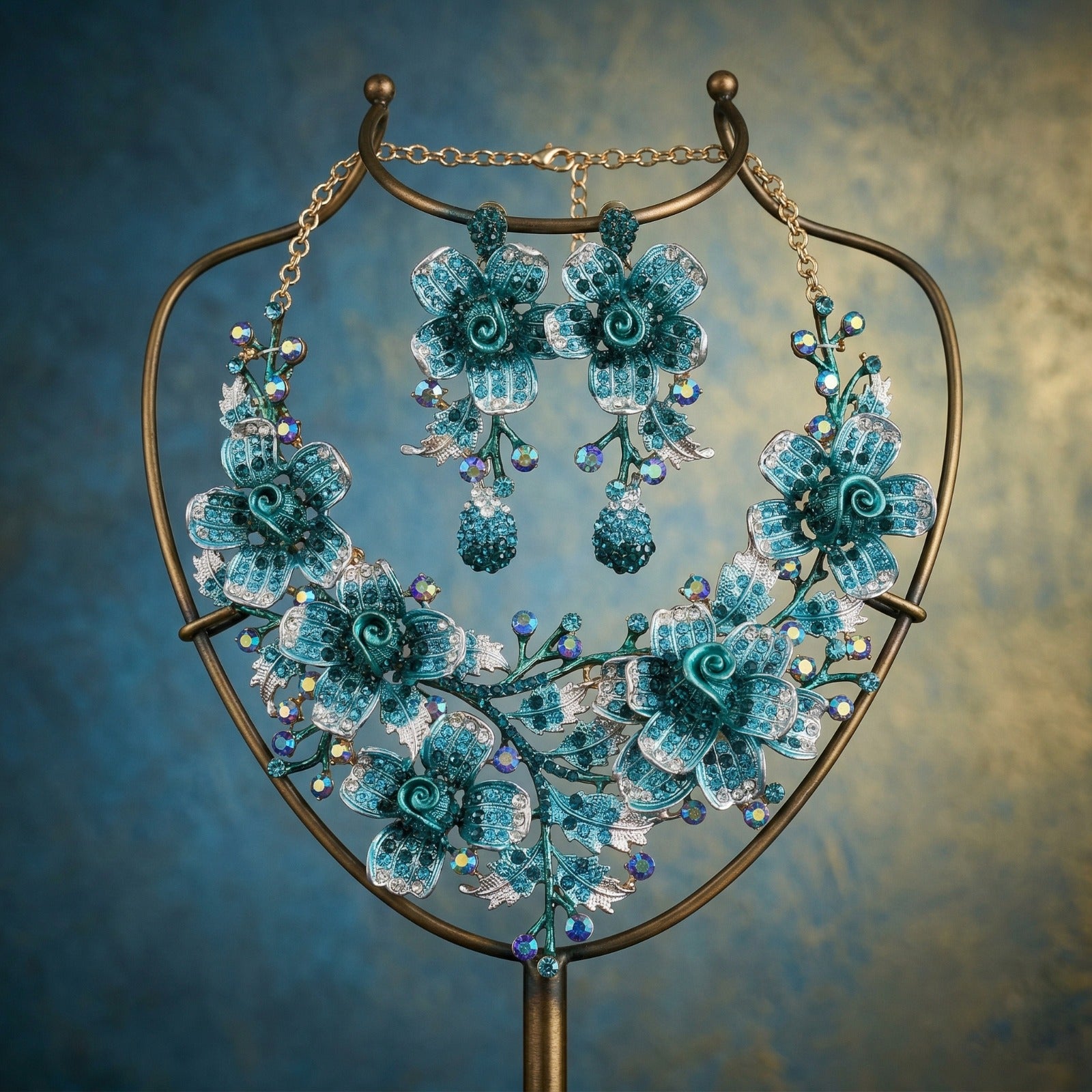 Turquoise Rhinestone Floral Statement Jewellery Set